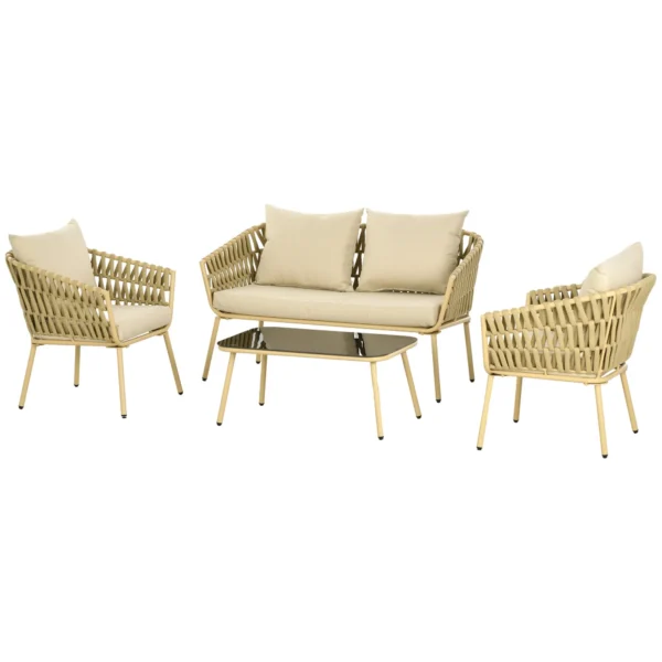 Outdoor lounge with 2-seater sofa, 2 armchairs with cushions and glass table