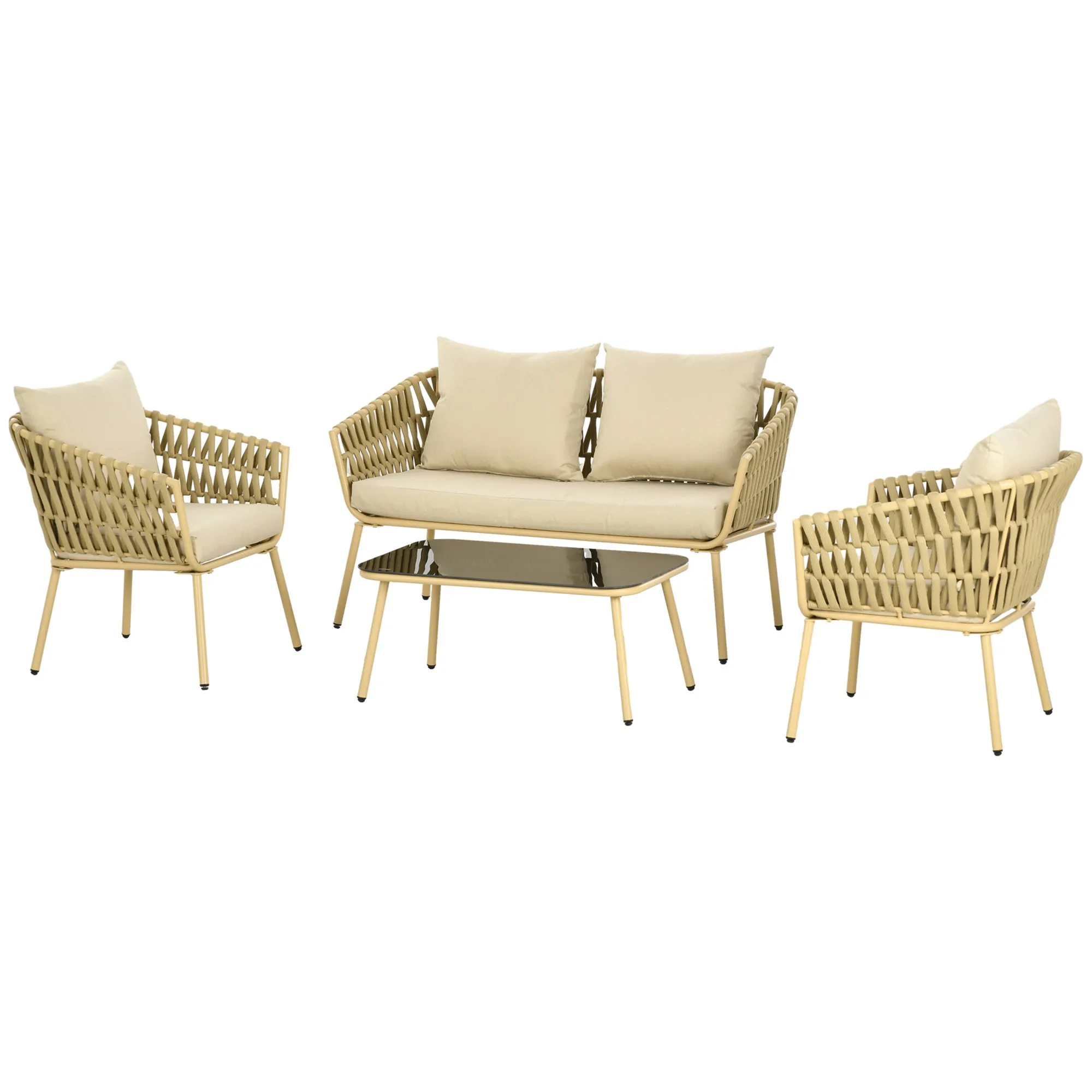 Outdoor lounge with 2-seater sofa, 2 armchairs with cushions and glass table