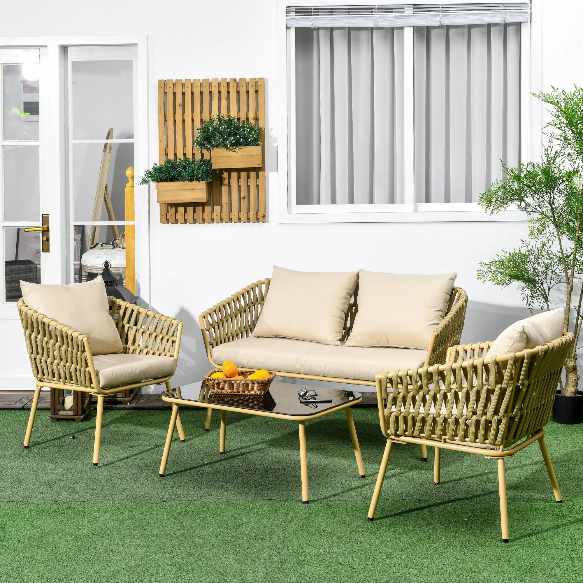 Outdoor lounge with 2-seater sofa, 2 armchairs with cushions and glass table - Image 2