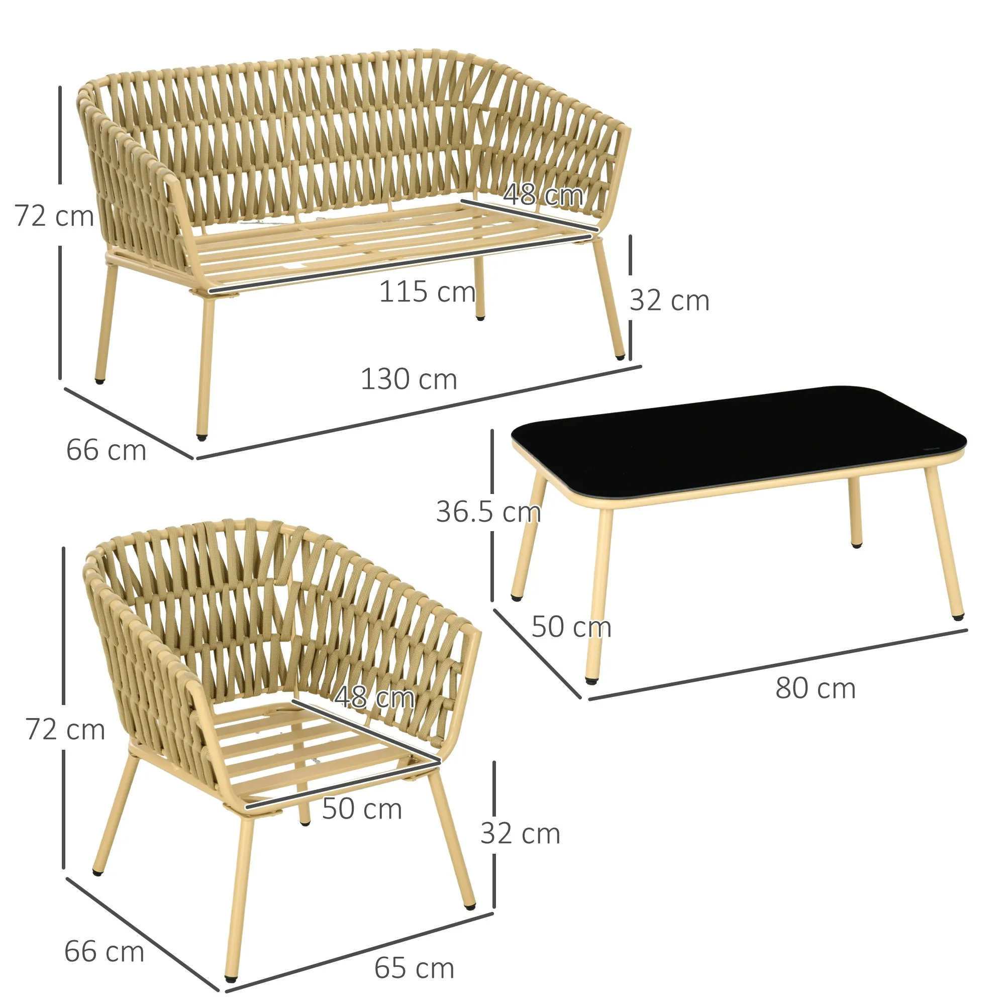 Outdoor lounge with 2-seater sofa, 2 armchairs with cushions and glass table - Image 3