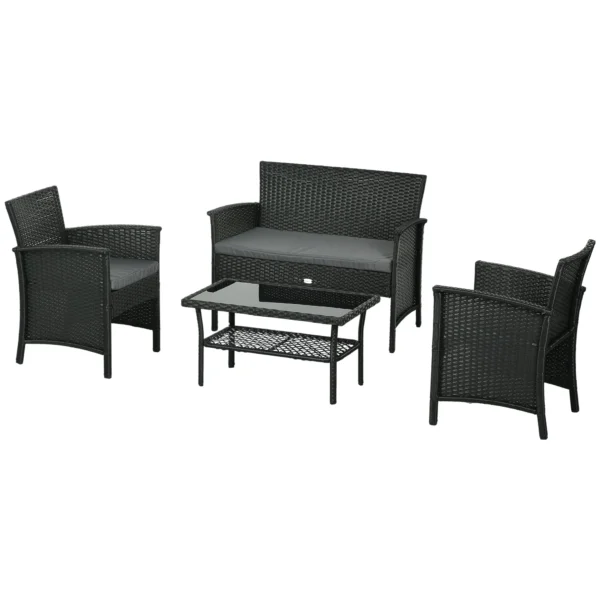 PE Rattan Outdoor Lounge with Sofa, 2 Armchairs with Cushions and Glass Coffee Table, Black and Gray