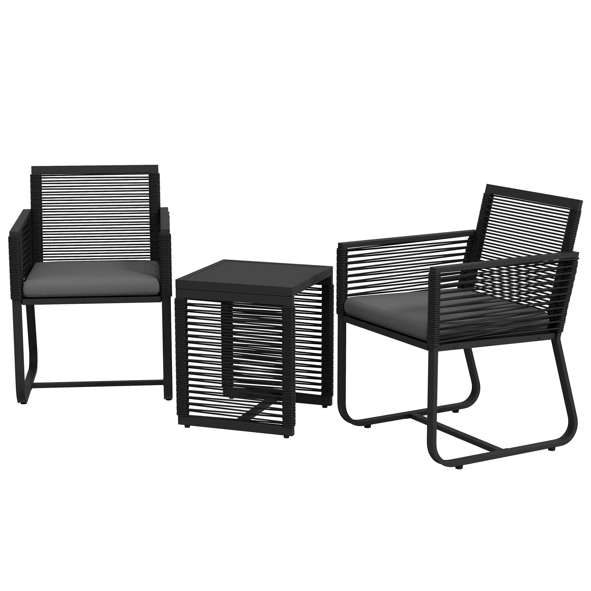 Rattan Garden Set with 2 Armchairs with Cushions and Glass Coffee Table, Black