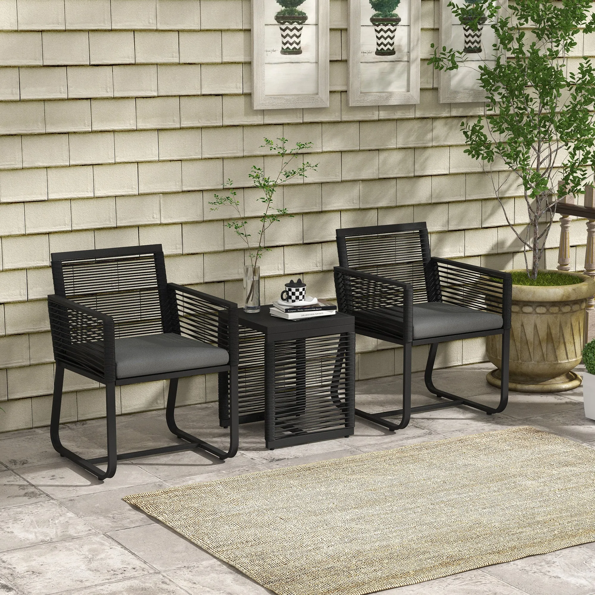 Rattan Garden Set with 2 Armchairs with Cushions and Glass Coffee Table, Black - Image 2