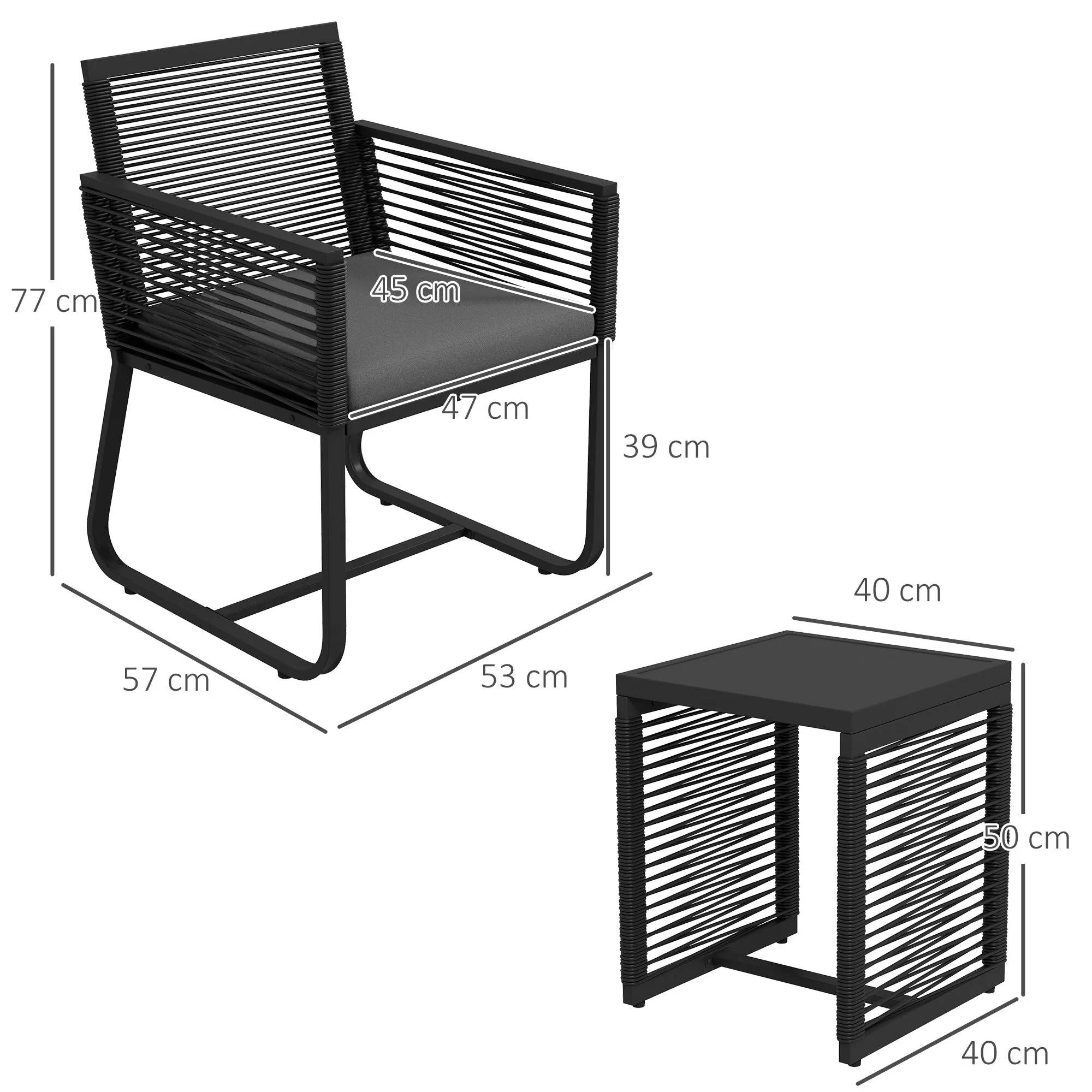 Rattan Garden Set with 2 Armchairs with Cushions and Glass Coffee Table, Black - Image 3