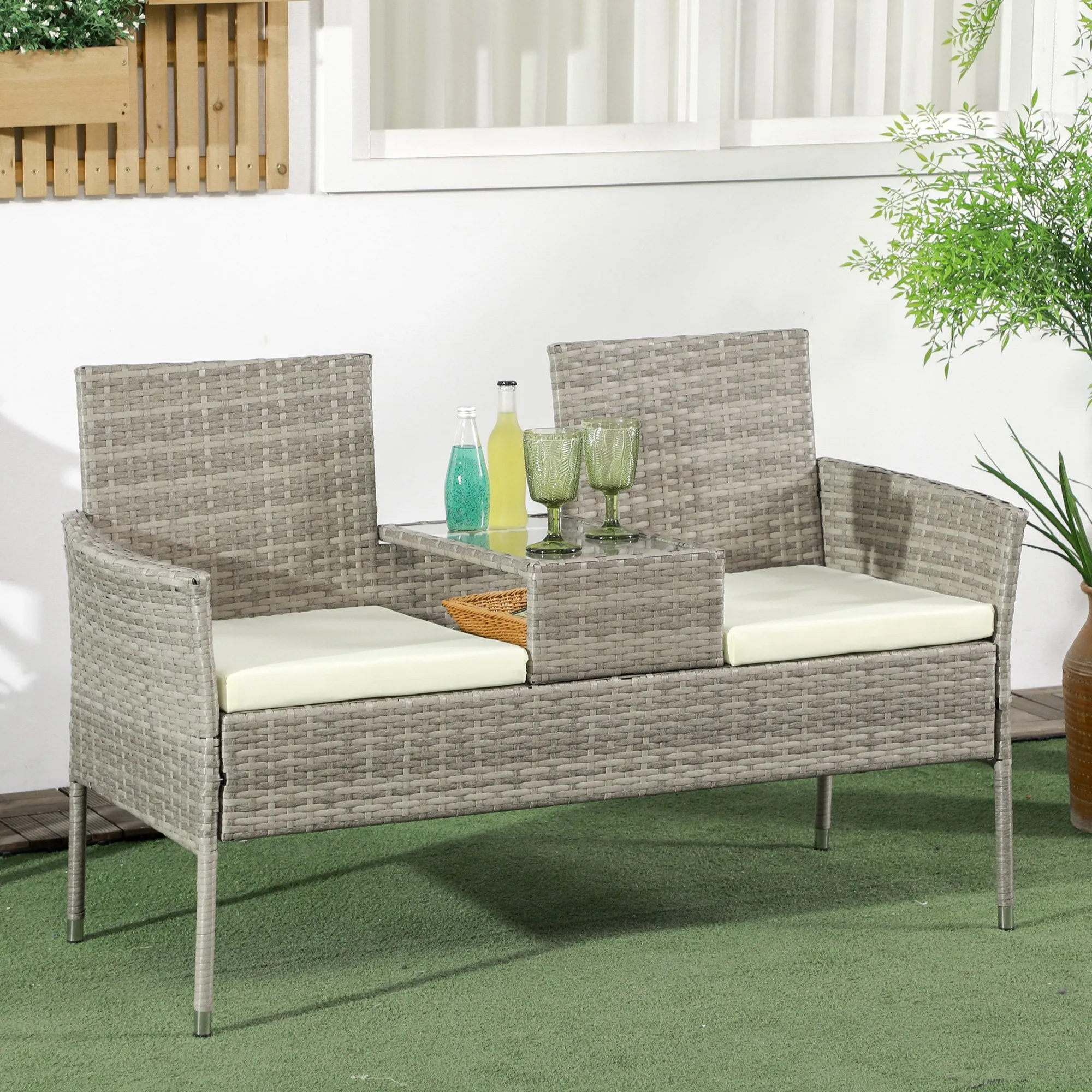 2 Seater Outdoor Sofa with Coffee Table, Steel and PE Rattan, 137x59x82 cm, Grey and Cream - Image 2