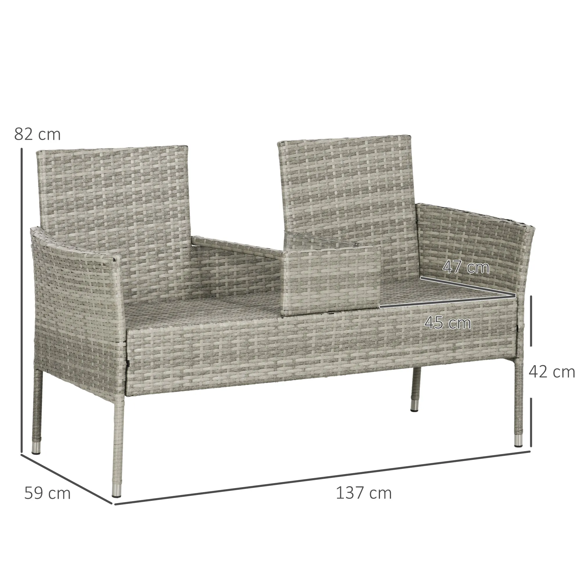 2 Seater Outdoor Sofa with Coffee Table, Steel and PE Rattan, 137x59x82 cm, Grey and Cream - Image 3