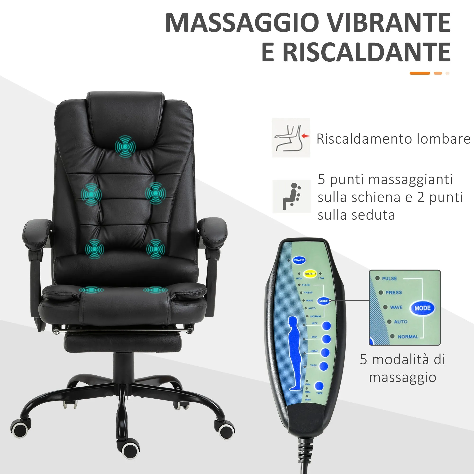 Office Chair with 7 Vibrating Points, Footrest and 155° Reclining Backrest, Black - Image 3