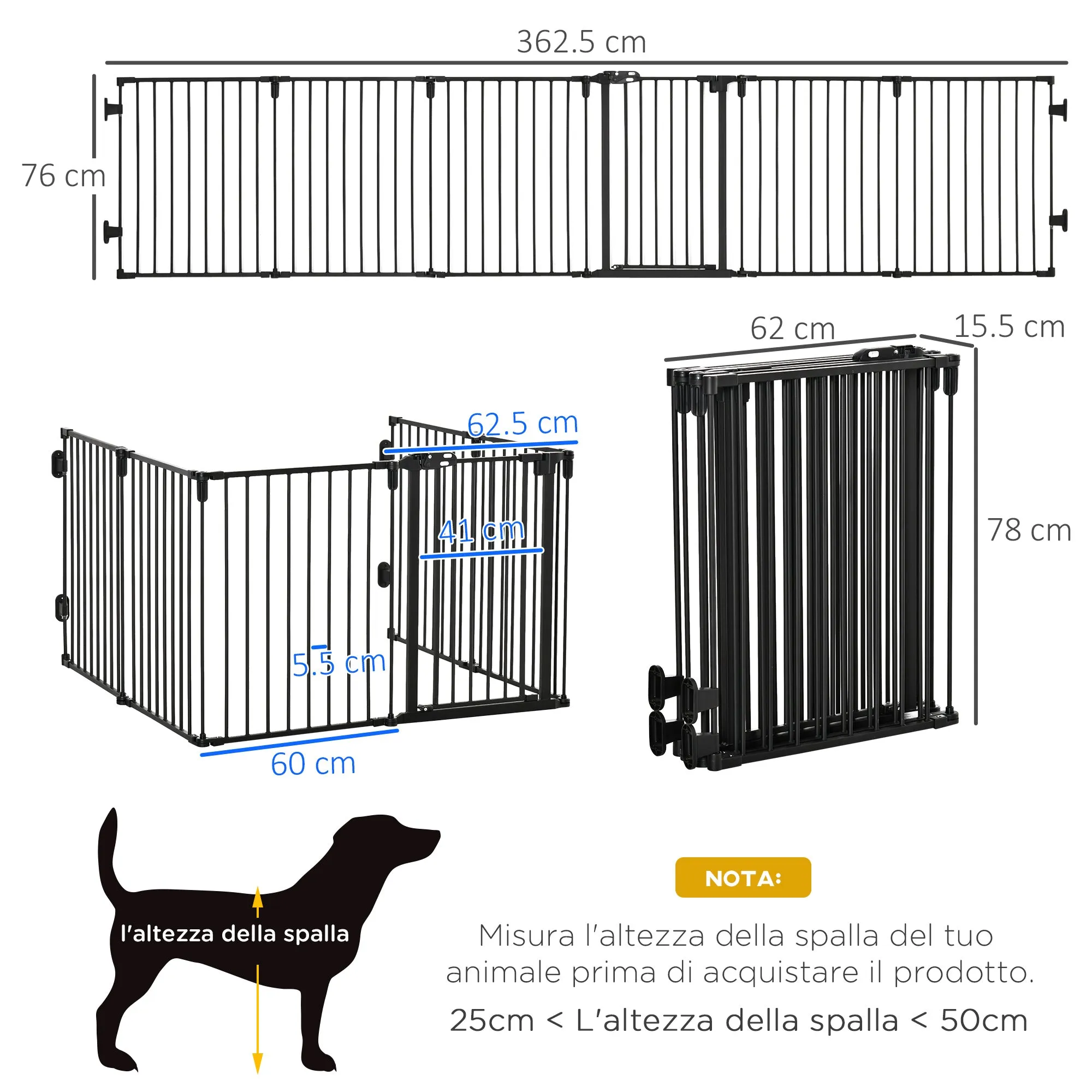 Folding Safety Gate 6 Sections, Steel Dog Barrier Gate, Automatic Locking and Closing System, Black - Image 2