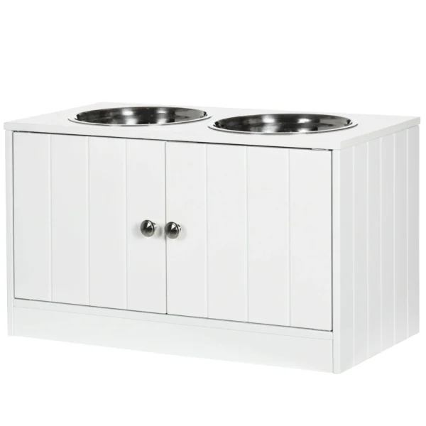 Raised Dog Bowls with 44L Cabinet and 2 Steel Bowls, 60x30x35.5cm, White