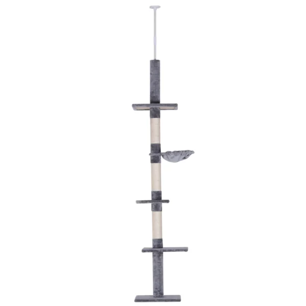 4-Tier Scratching Tree with Adjustable Height, in Chipboard, Plush and Sisal, 40x34x230-260 cm, Gray