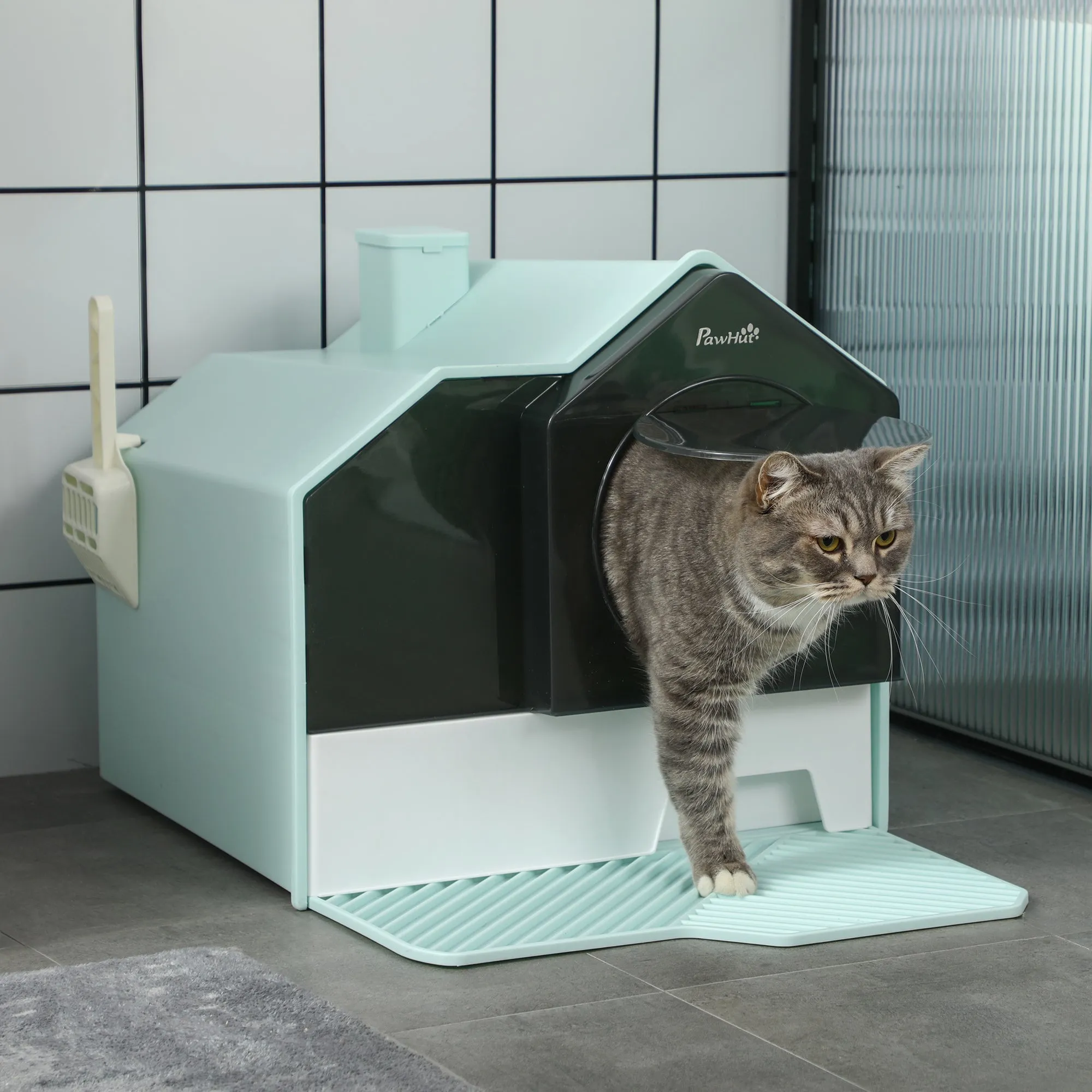 Closed Cat Litter Box with Removable Tray, Mat and Scoop, 47x45x42cm, Light Blue - Image 2