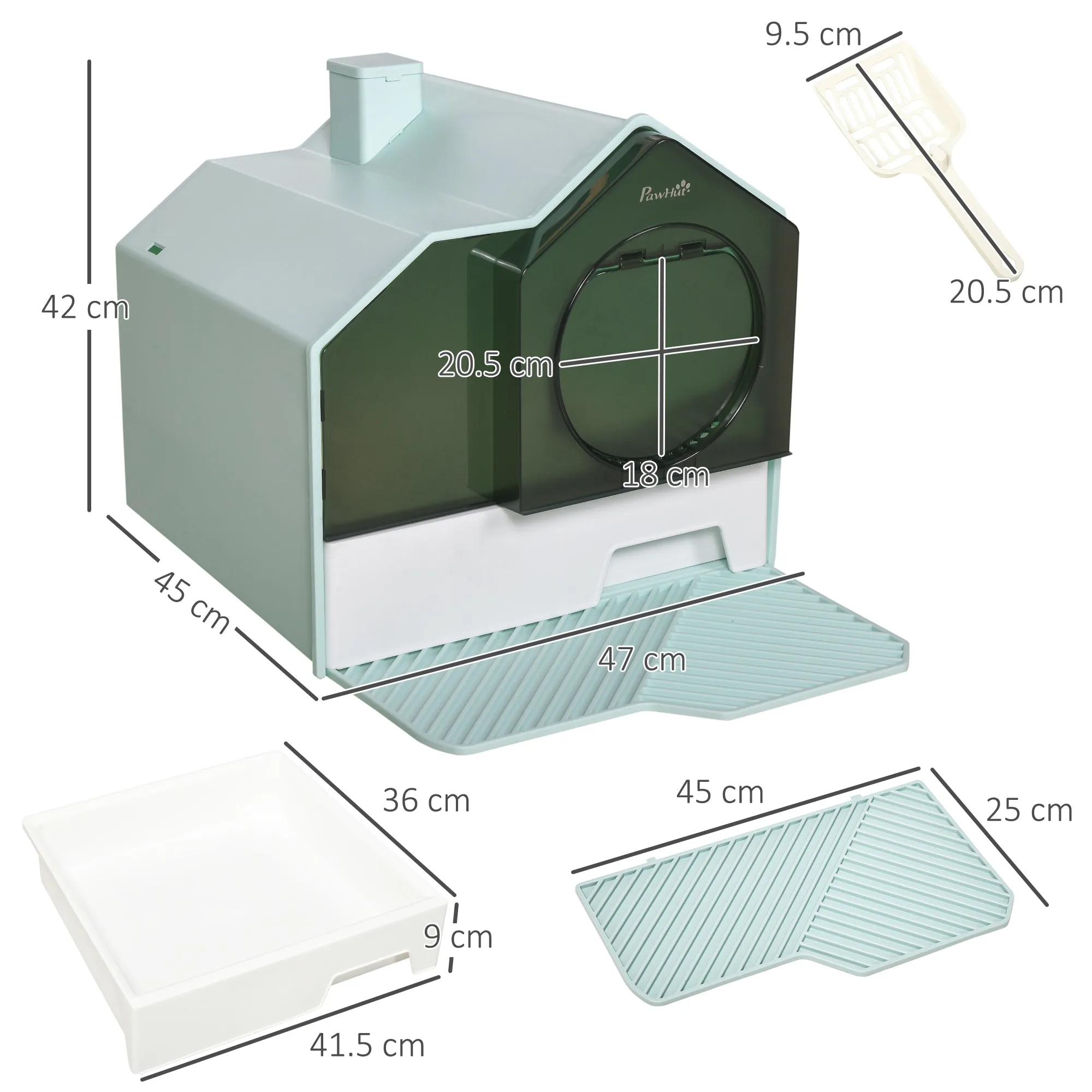 Closed Cat Litter Box with Removable Tray, Mat and Scoop, 47x45x42cm, Light Blue - Image 3
