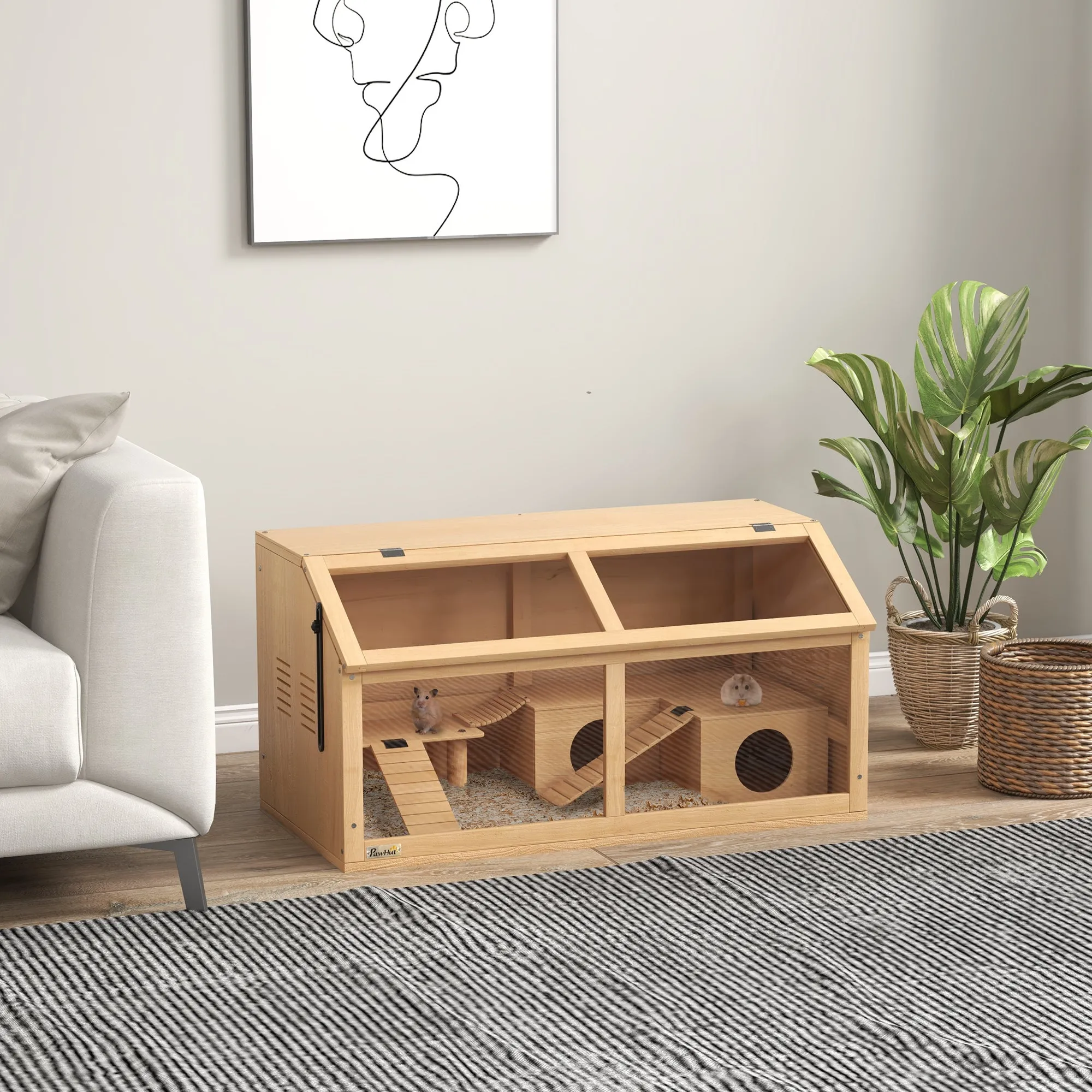 Hamster Cage with Platform, Ladders, Hut and Bridge, in Fir Wood, 85x45x44 cm - Image 2