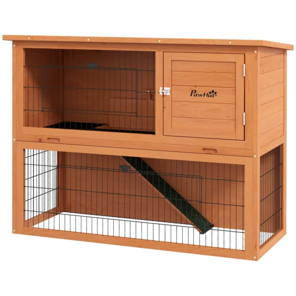 2 Tier Outdoor Wooden Rabbit Hutch with Removable Tray for 1-2 Rabbits, Orange
