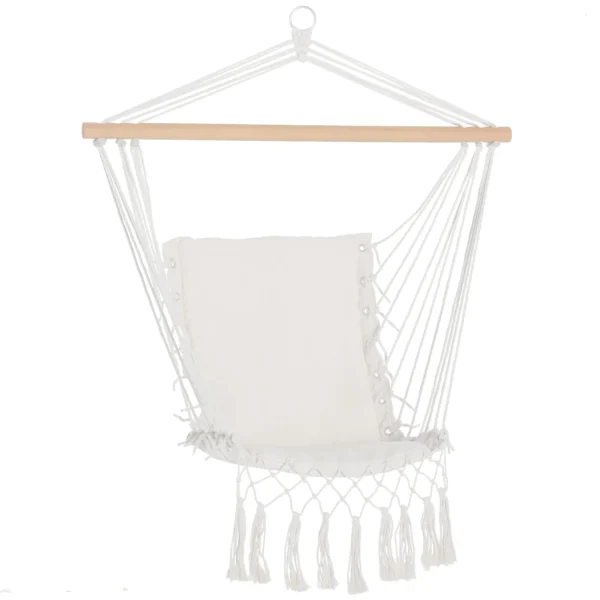 Indoor and Outdoor Hanging Rocking Chair in Fabric with Tassels, 90x50 cm, Cream