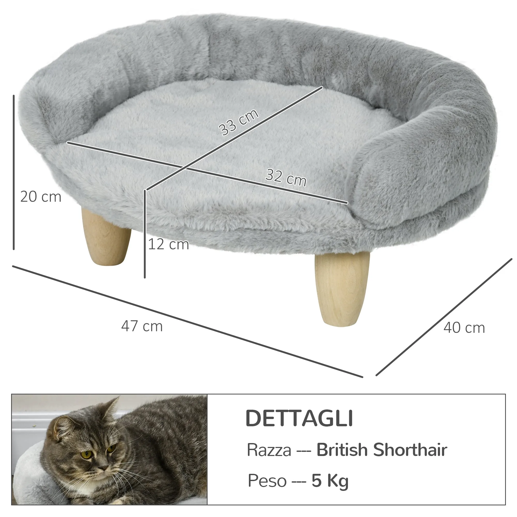 Plush Dog and Cat Sofa Bed with Removable Backrest, 47x40x20 cm, Grey - Image 3