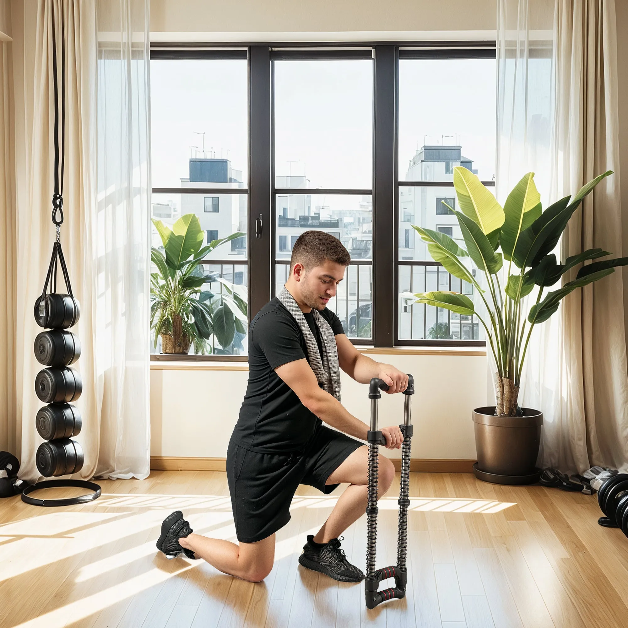 SPORTNOW Power Twister with 4 Springs with Resistance from 10 to 80 kg, in Stainless Steel, 80x22x5 cm, Black - Image 2
