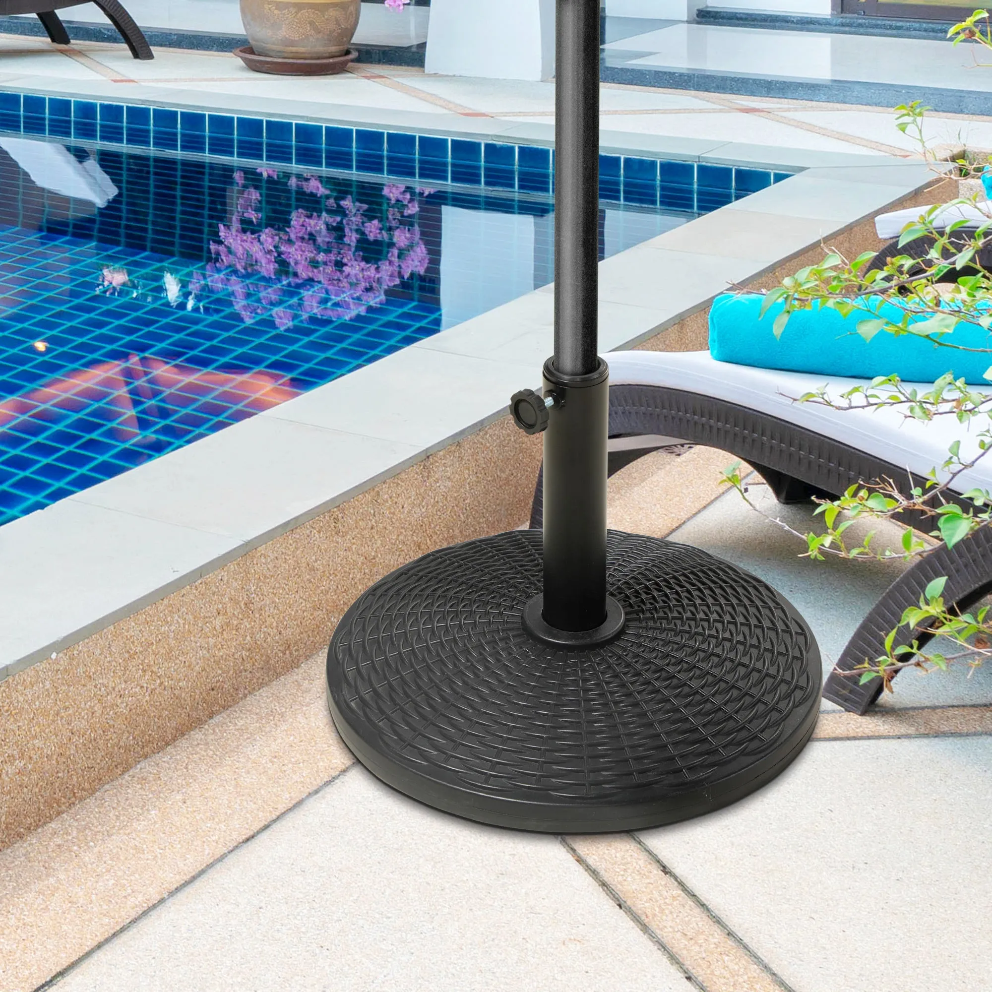 12.5kg Round Rattan Effect Umbrella Base, Support for 38mm and 48mm Poles, Ø44.5cm, Black - Image 2