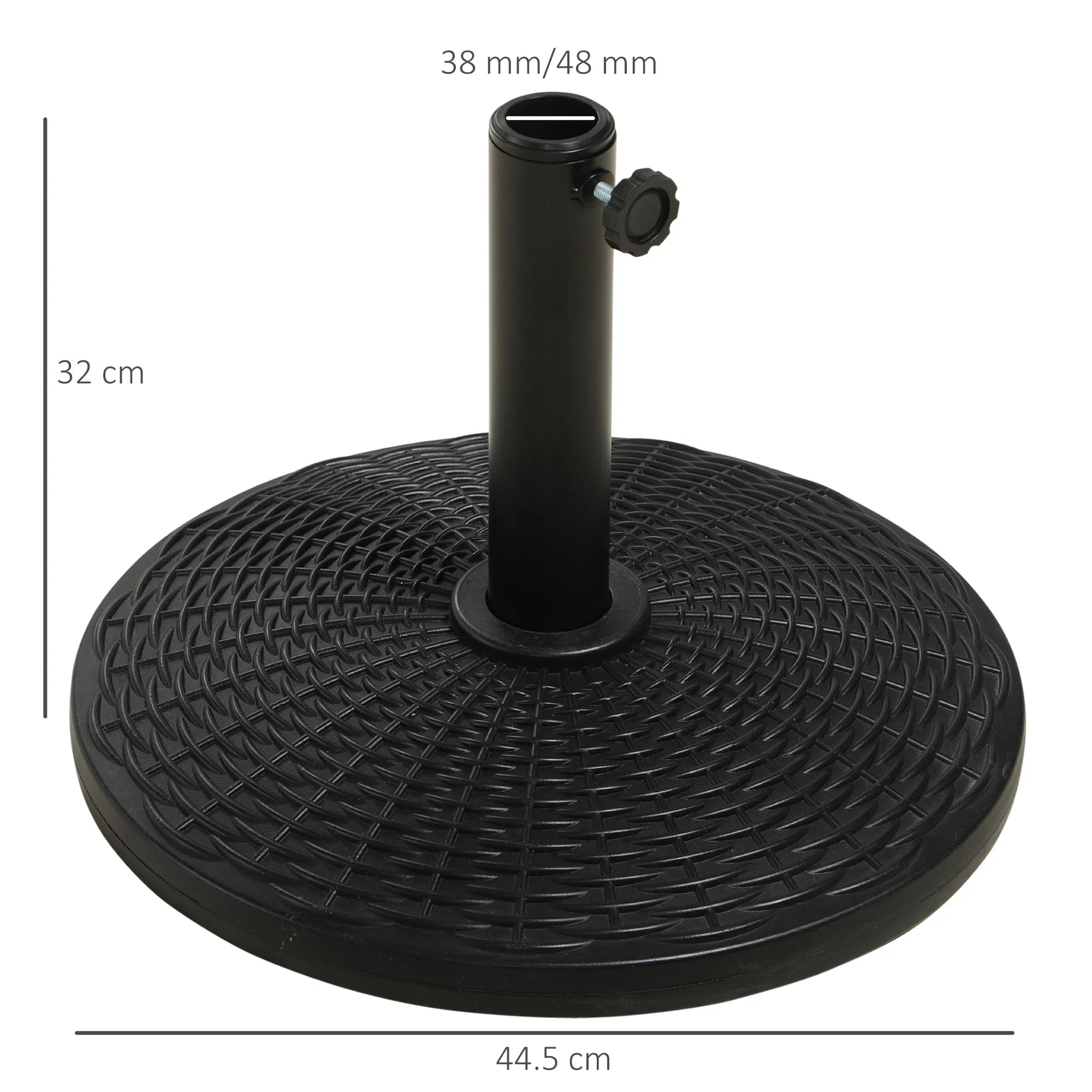 12.5kg Round Rattan Effect Umbrella Base, Support for 38mm and 48mm Poles, Ø44.5cm, Black - Image 3