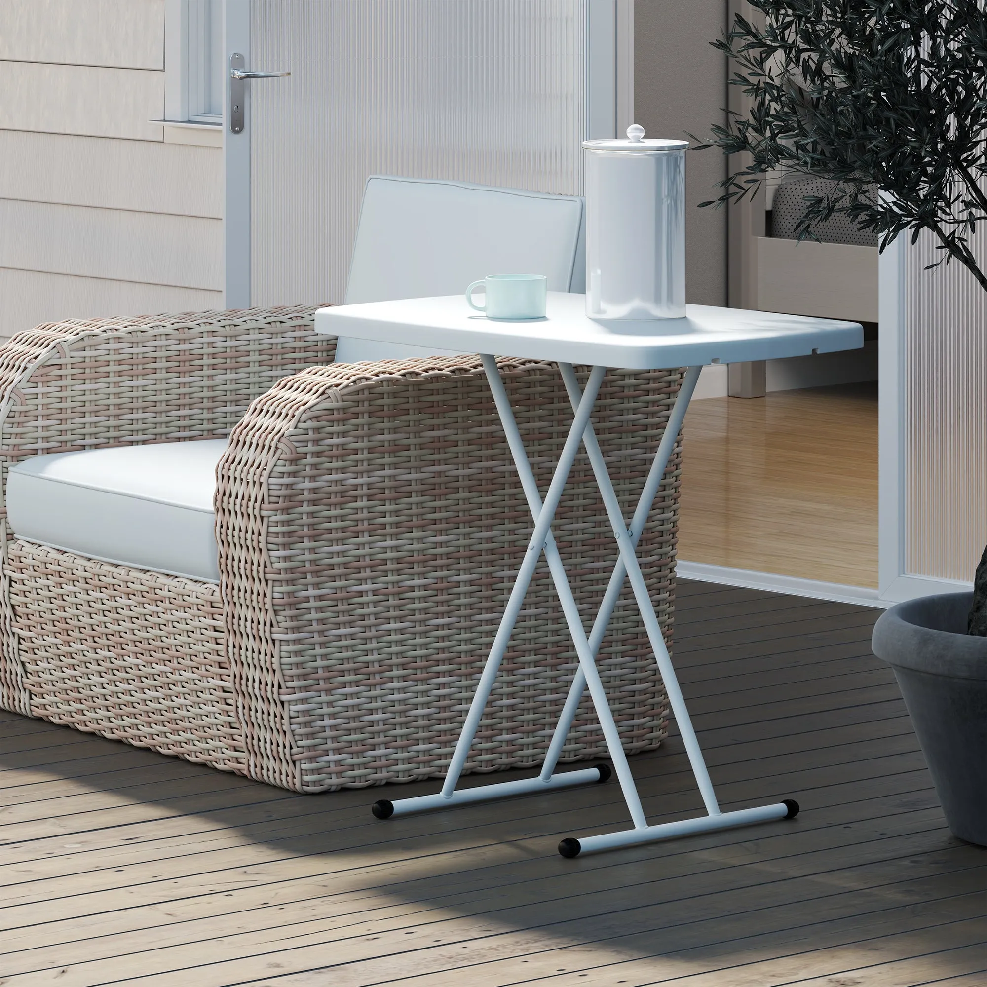 Folding Garden Coffee Table with Adjustable Height, Metal and HDPE, White - Image 2