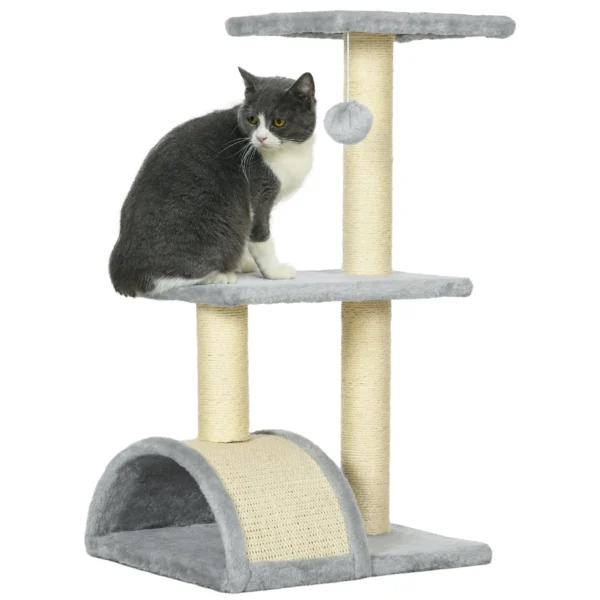 3-Tier Cat Tree with Scratching Post, Plush and Sisal, 40x35x72 cm, Light Gray