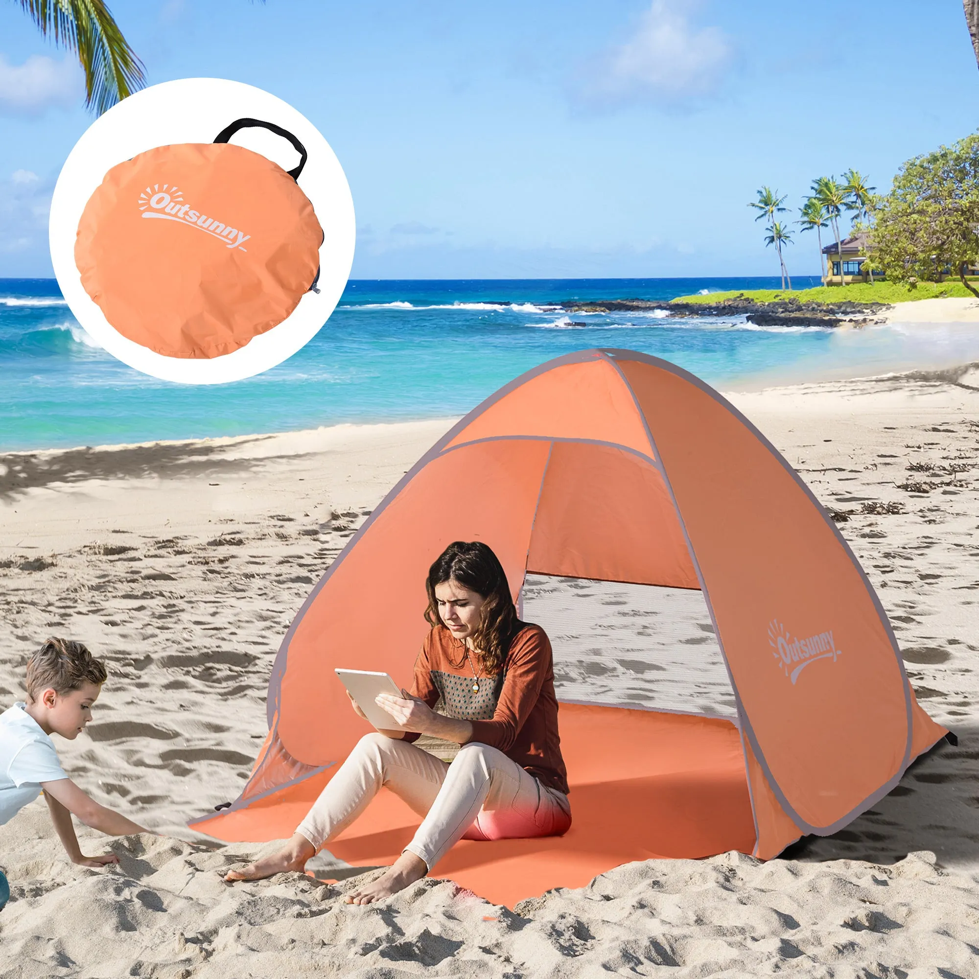 Pop Up Beach Tent with UV 30+ Protection and Transport Bag, 200x150x119 cm, Orange - Image 2