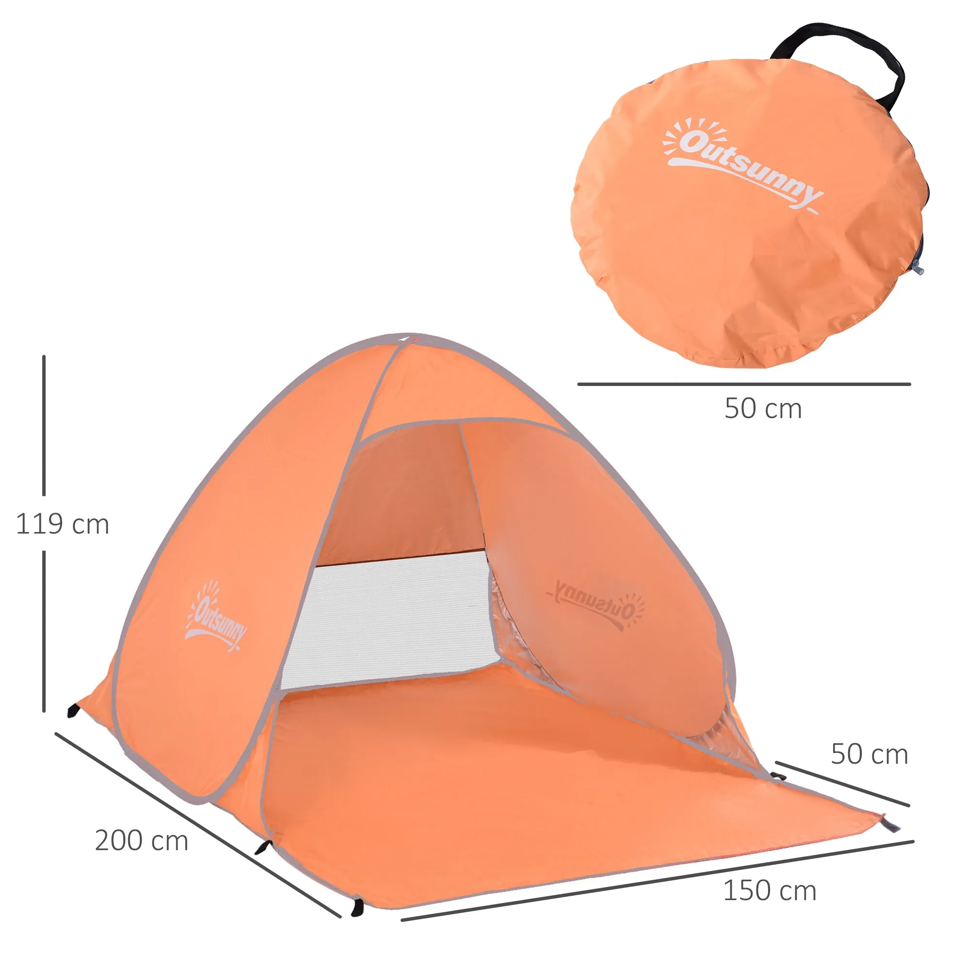Pop Up Beach Tent with UV 30+ Protection and Transport Bag, 200x150x119 cm, Orange - Image 3