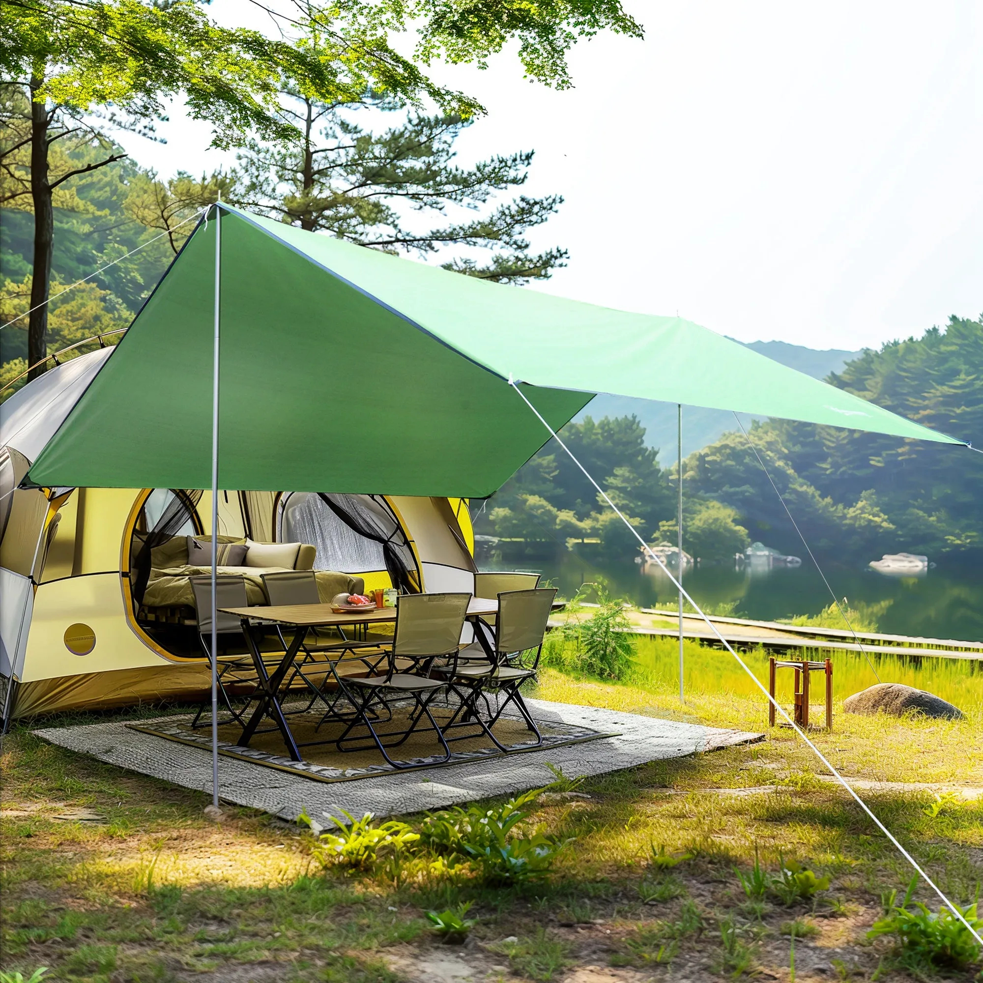 Portable Awning 3x3 m, Waterproof Awning for Camping and Beach, Green - Image 2