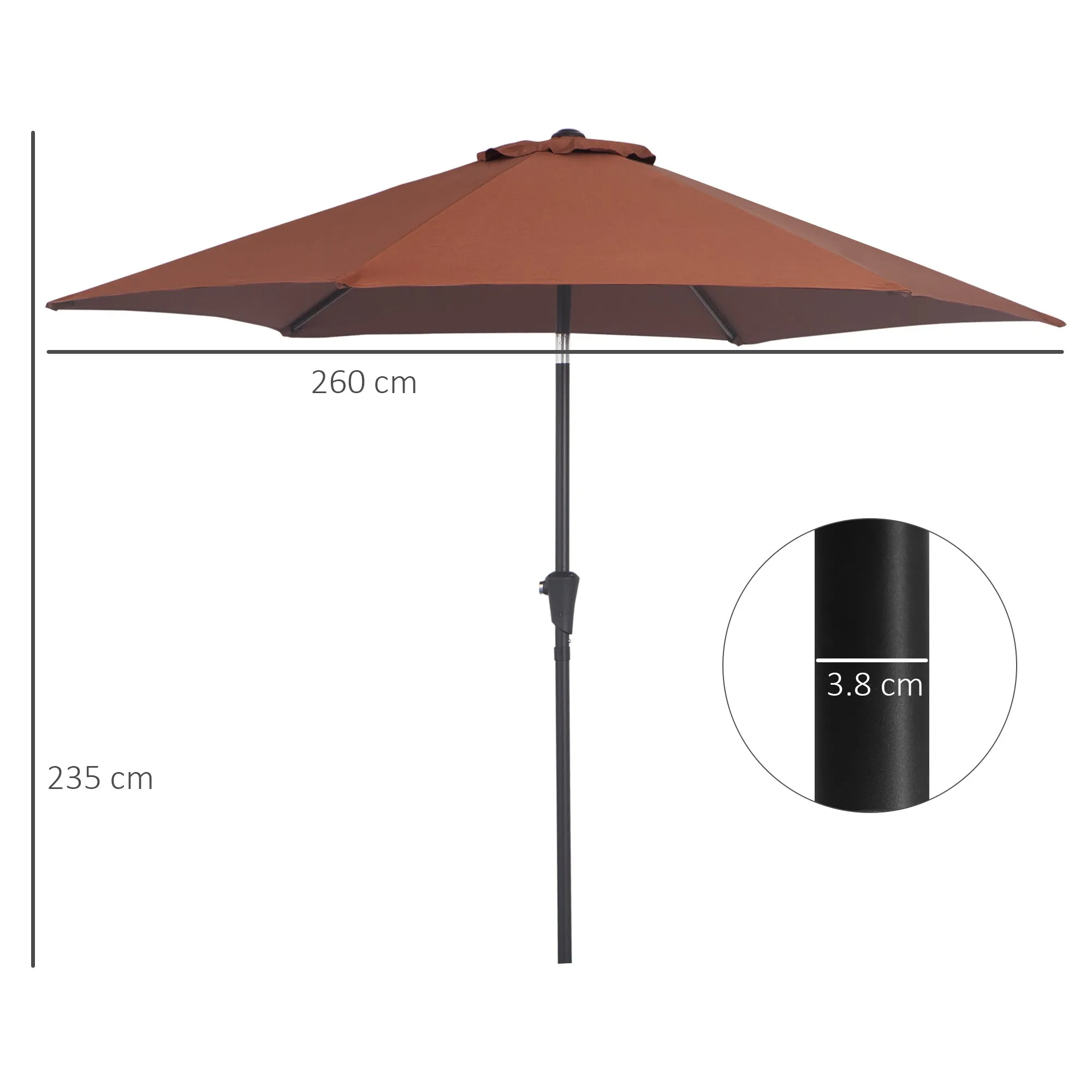 Tilting Garden Umbrella with Crank, in Aluminium, Metal and Polyester, Ø260x235 cm, Black and Coffee - Image 3