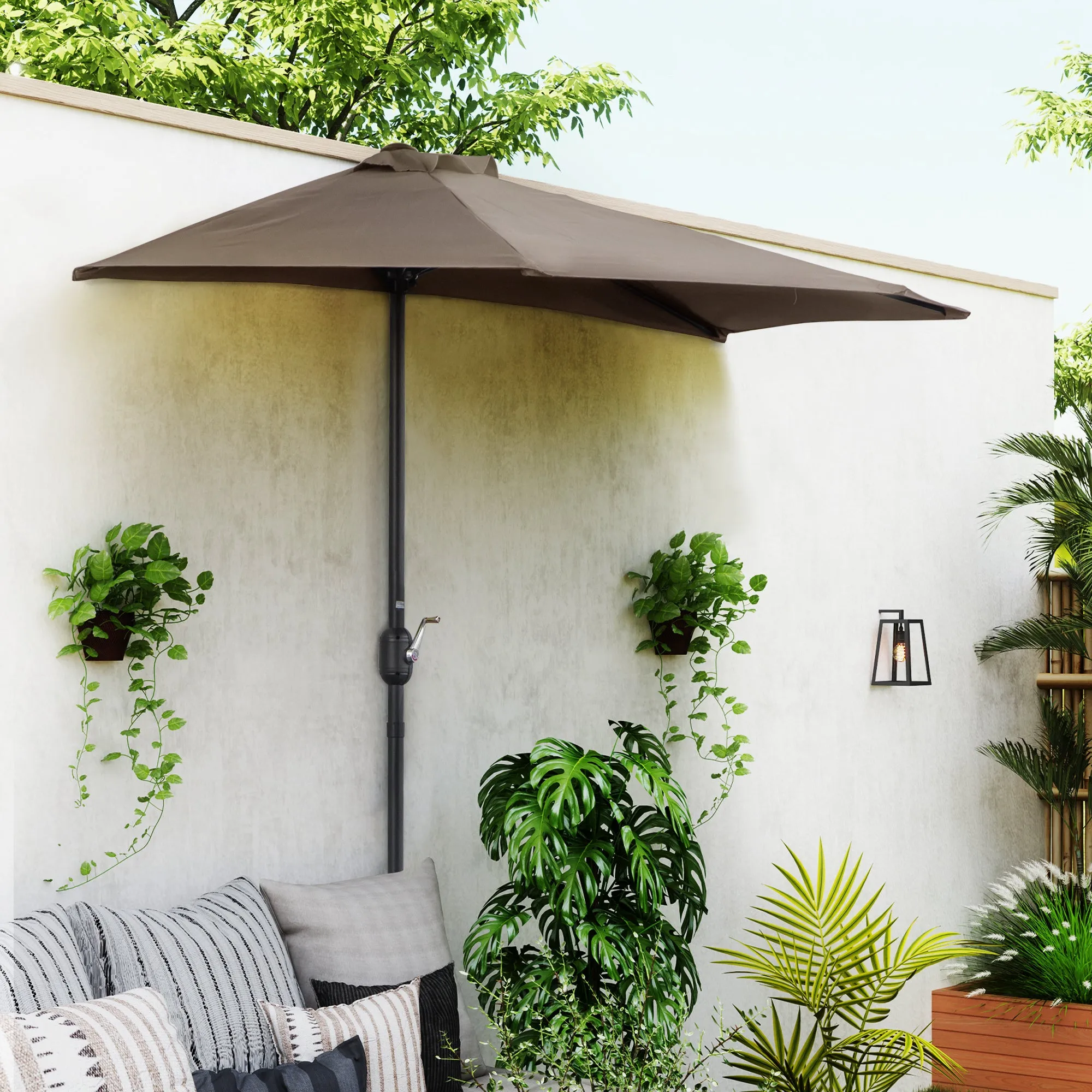 Space-Saving Mezzaluna Wall Umbrella with Crank Opening, Coffee - Image 2