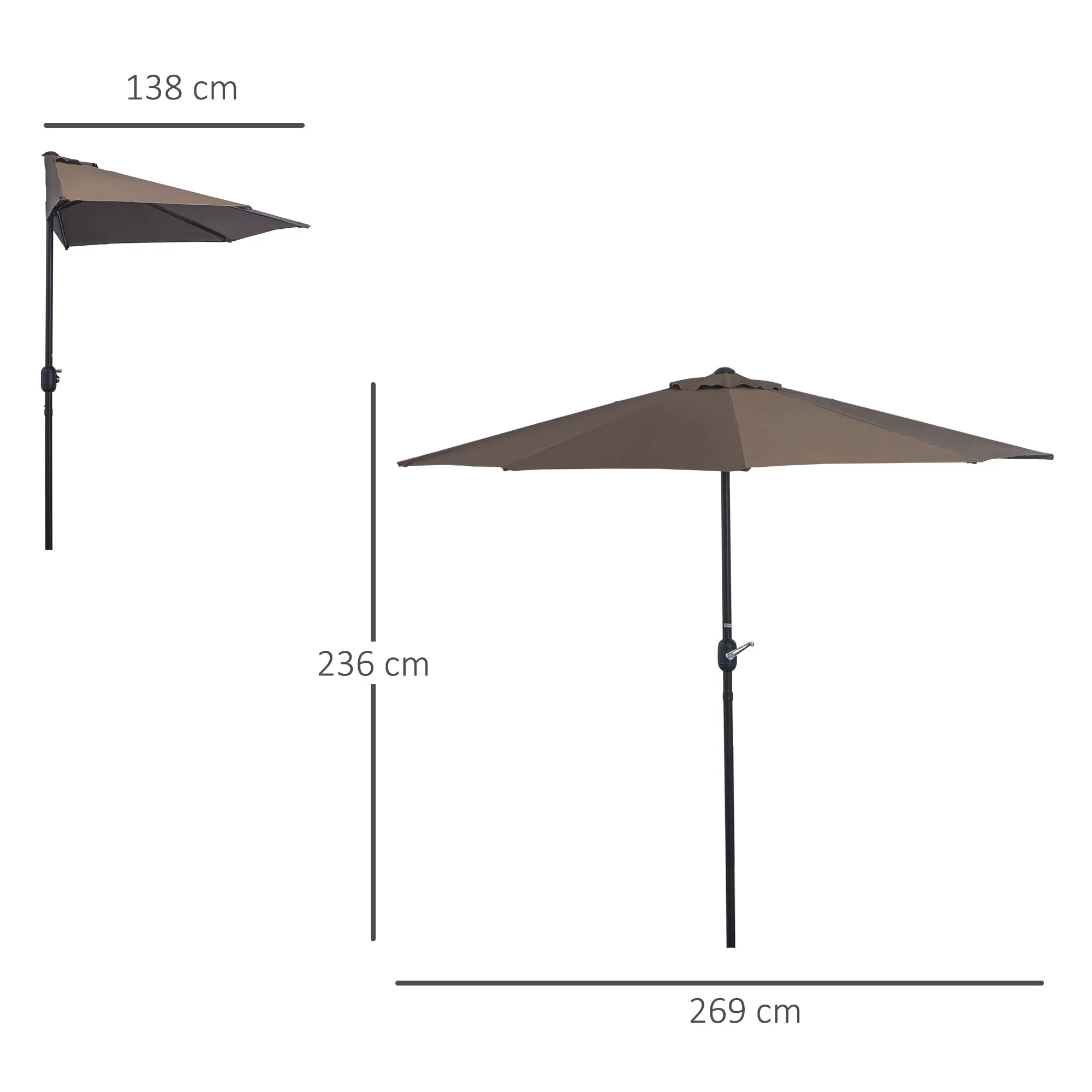 Space-Saving Mezzaluna Wall Umbrella with Crank Opening, Coffee - Image 3