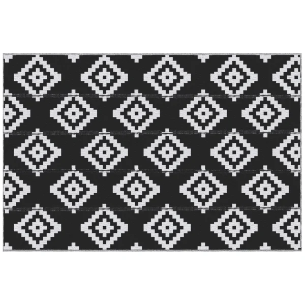 Reversible Geometric Pattern Outdoor Balcony and Terrace Rug, 2.74x1.82 m, Black and White