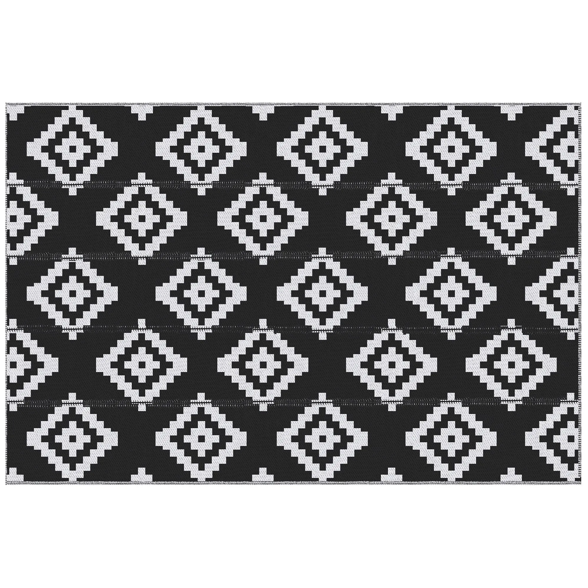 Reversible Geometric Pattern Outdoor Balcony and Terrace Rug, 2.74x1.82 m, Black and White