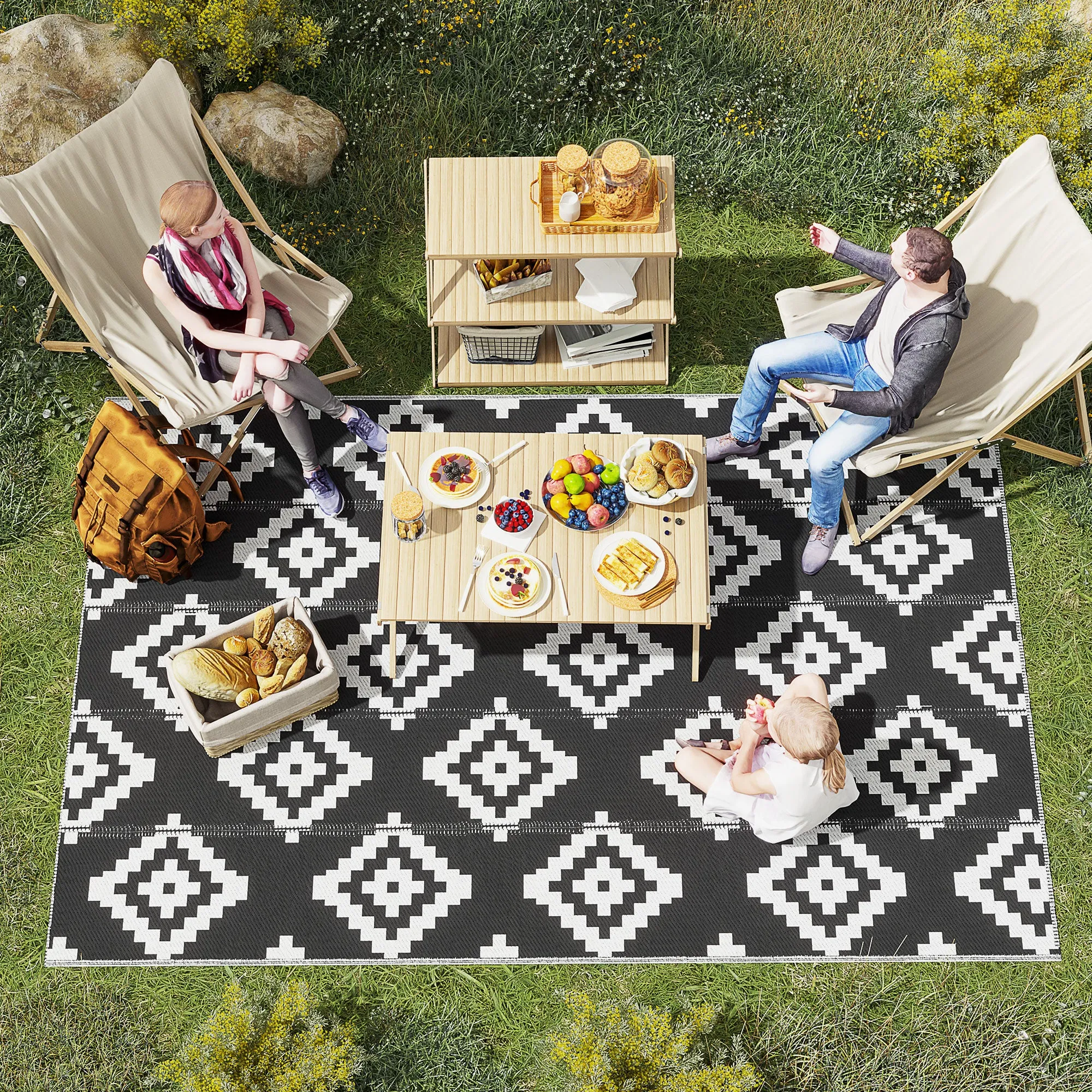 Reversible Geometric Pattern Outdoor Balcony and Terrace Rug, 2.74x1.82 m, Black and White - Image 2