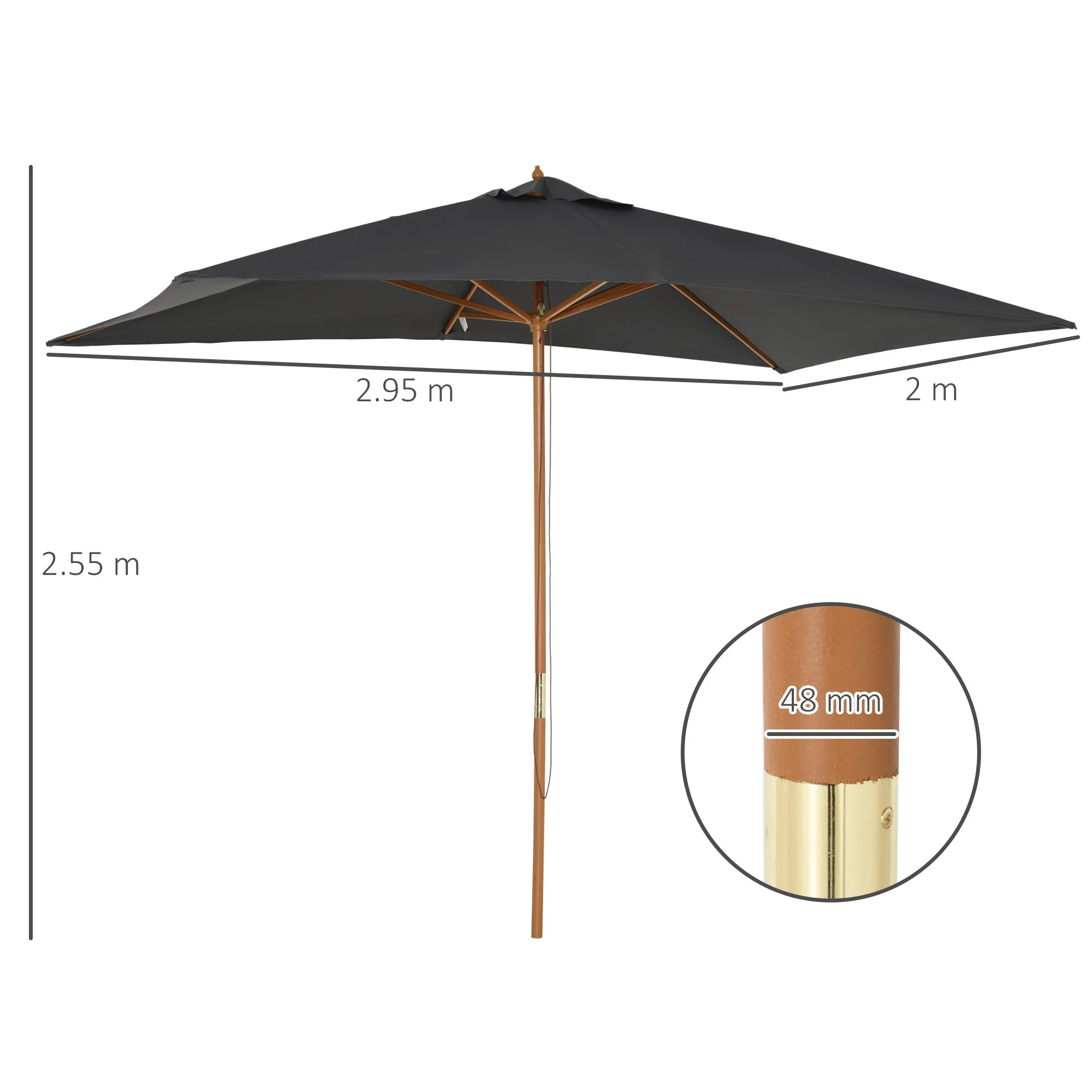 2x3m Wooden and Bamboo Garden Umbrella with 8 Ribs and Polyester Cover, Dark Grey - Image 3
