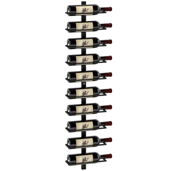 Wall Bottle Rack with 10 Shelves in Black Steel for 10 Bottles, 27x10x116 cm