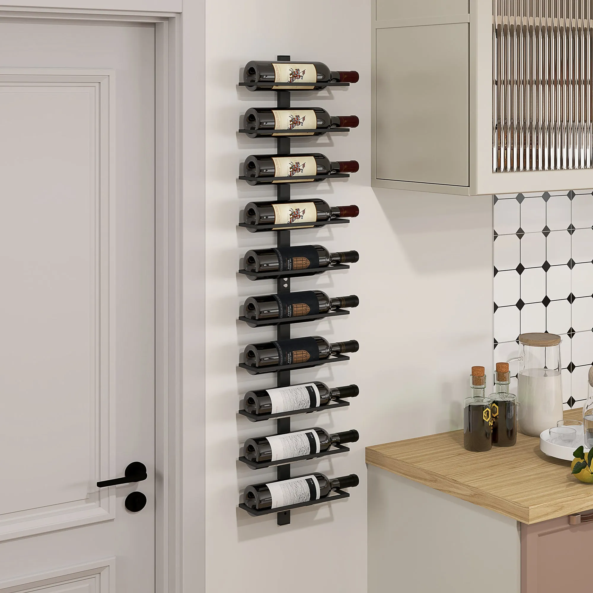 Wall Bottle Rack with 10 Shelves in Black Steel for 10 Bottles, 27x10x116 cm - Image 2