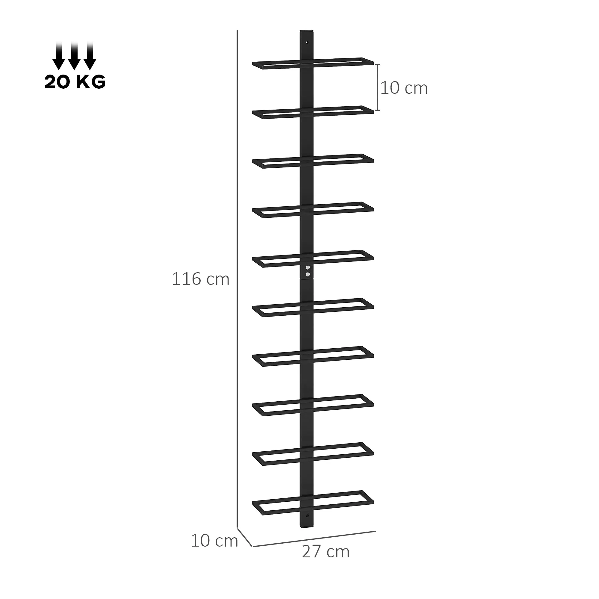 Wall Bottle Rack with 10 Shelves in Black Steel for 10 Bottles, 27x10x116 cm - Image 3