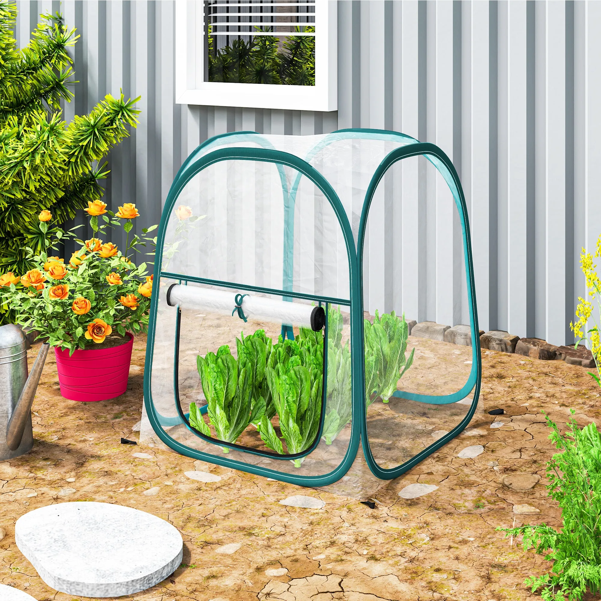 Mini Pop Up Greenhouse with Plastic Cover, Roller Window and Bag, 70x70x80 cm, Transparent - Image 2