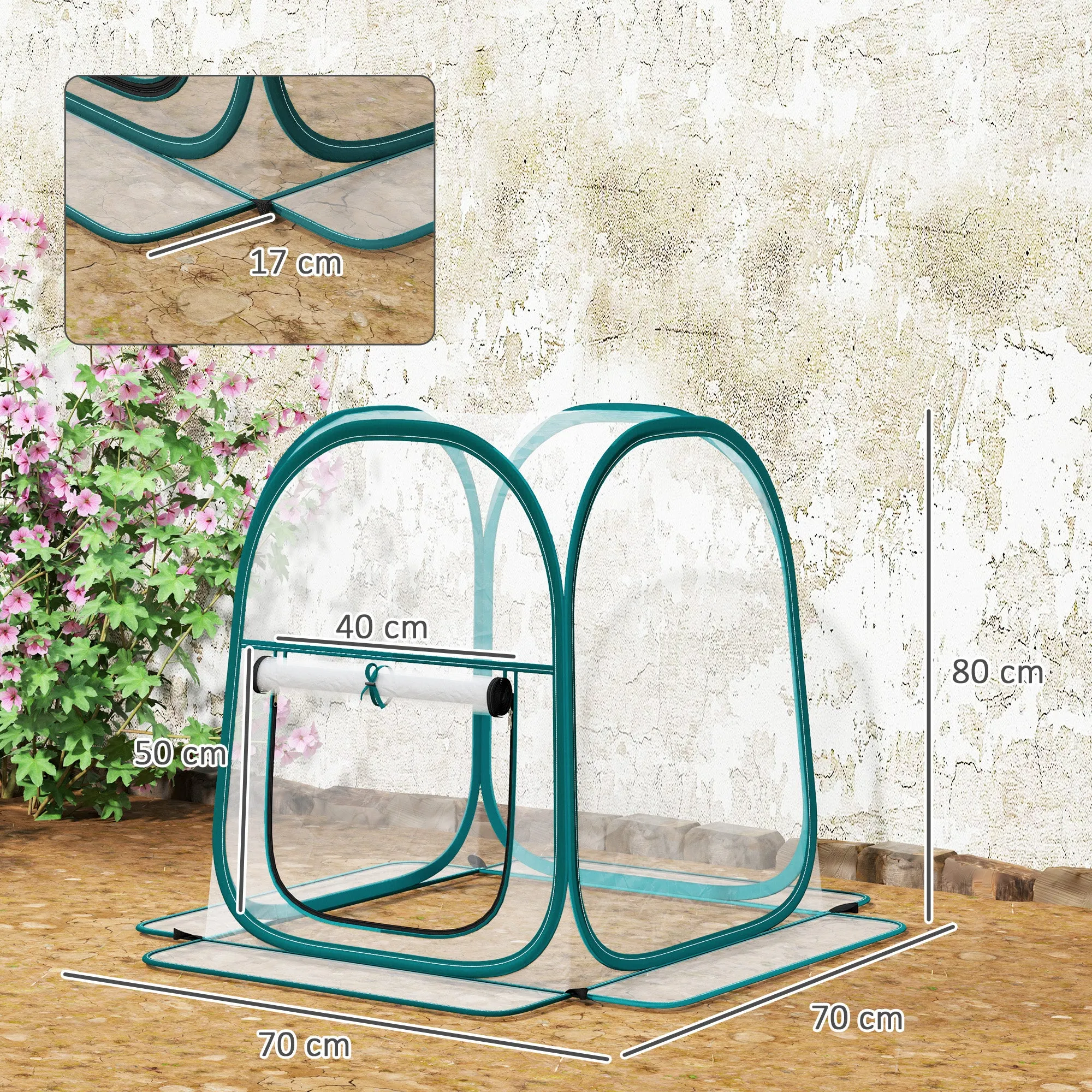 Mini Pop Up Greenhouse with Plastic Cover, Roller Window and Bag, 70x70x80 cm, Transparent - Image 3