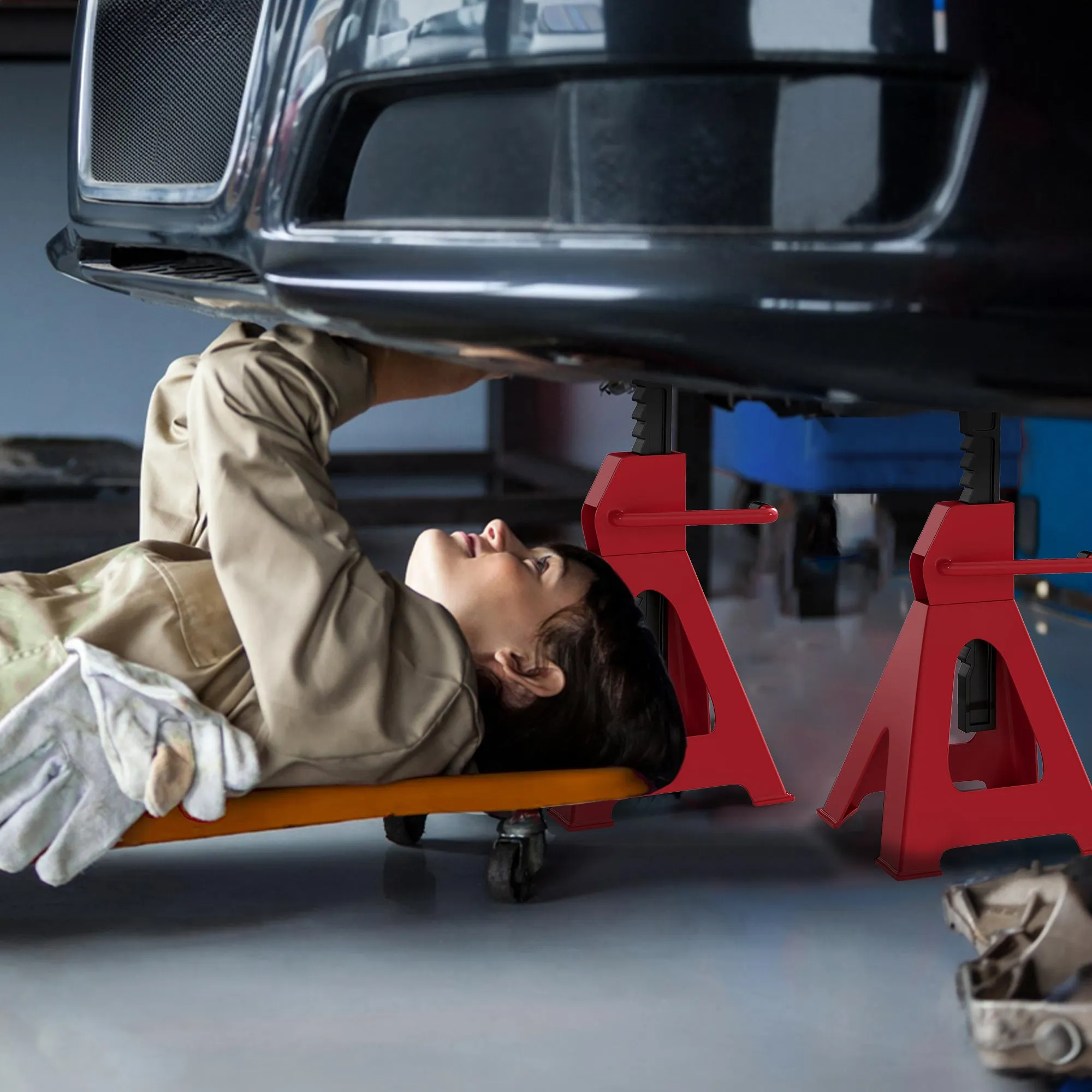 Set of 2 3-ton Car Stands Adjustable from 29-42.5 cm, Carbon Steel and Cast Iron, Red - Image 2