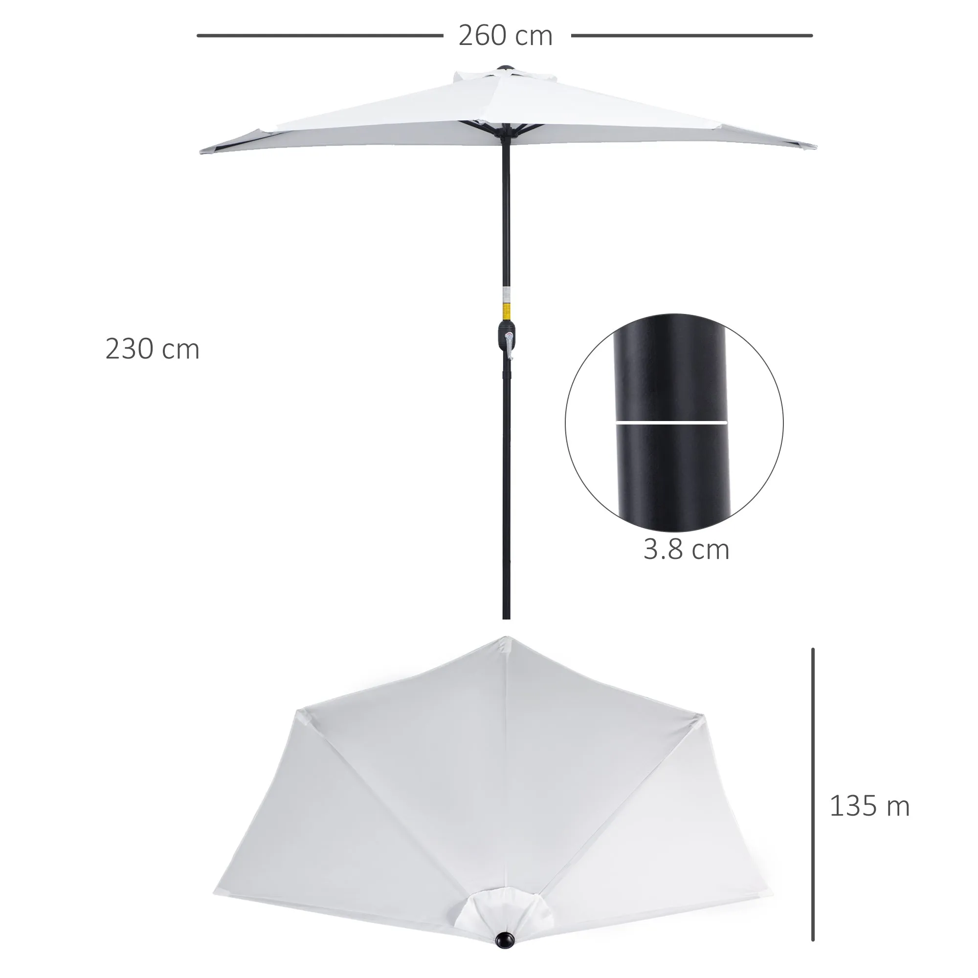Crescent Moon Terrace Umbrella with Crank Opening and 2-Section Pole, 2.6x1.35 m, White - Image 3