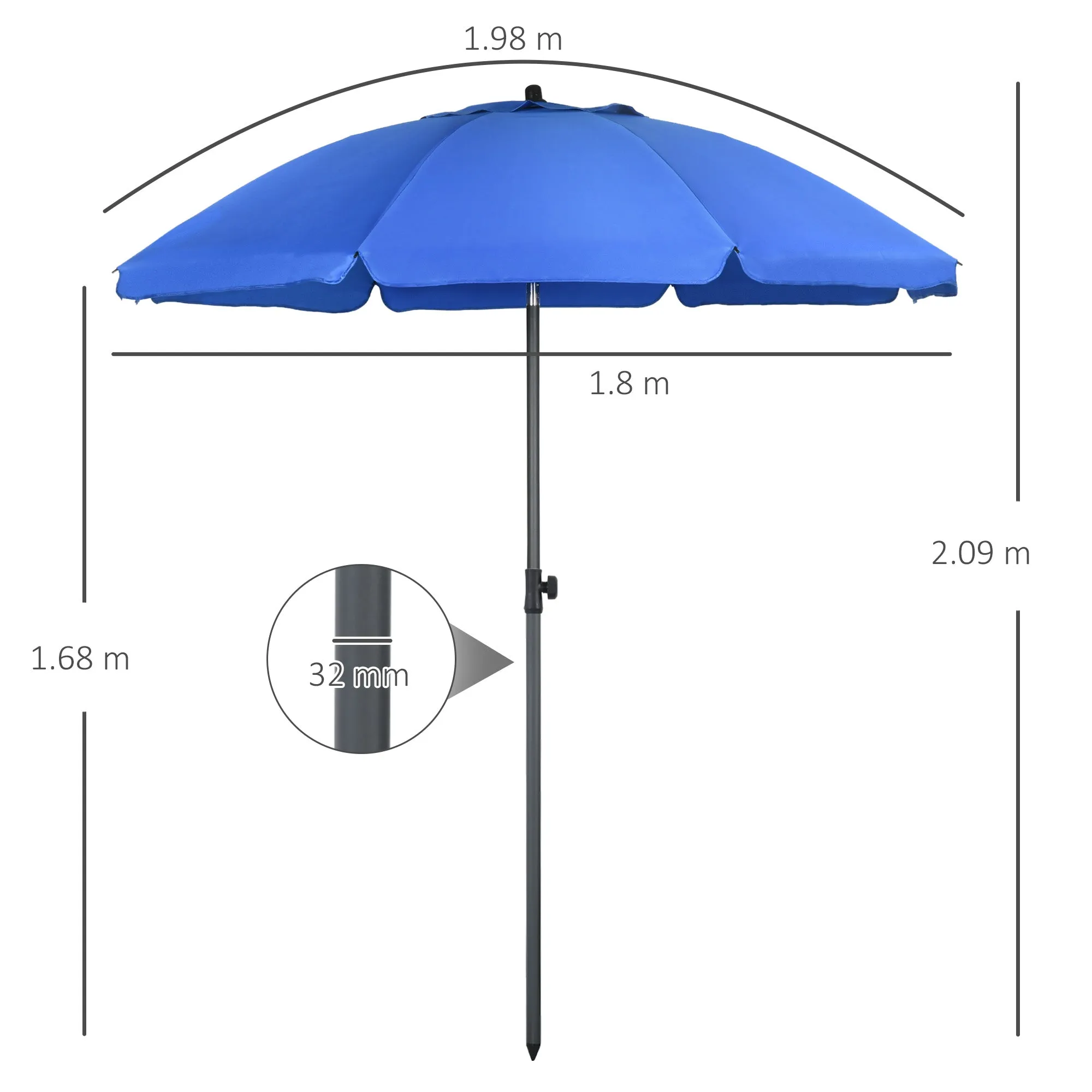 Beach Umbrella 1.8x2 m with 45° Reclining and 8 Ribs, Polyester and Steel, Blue - Image 3