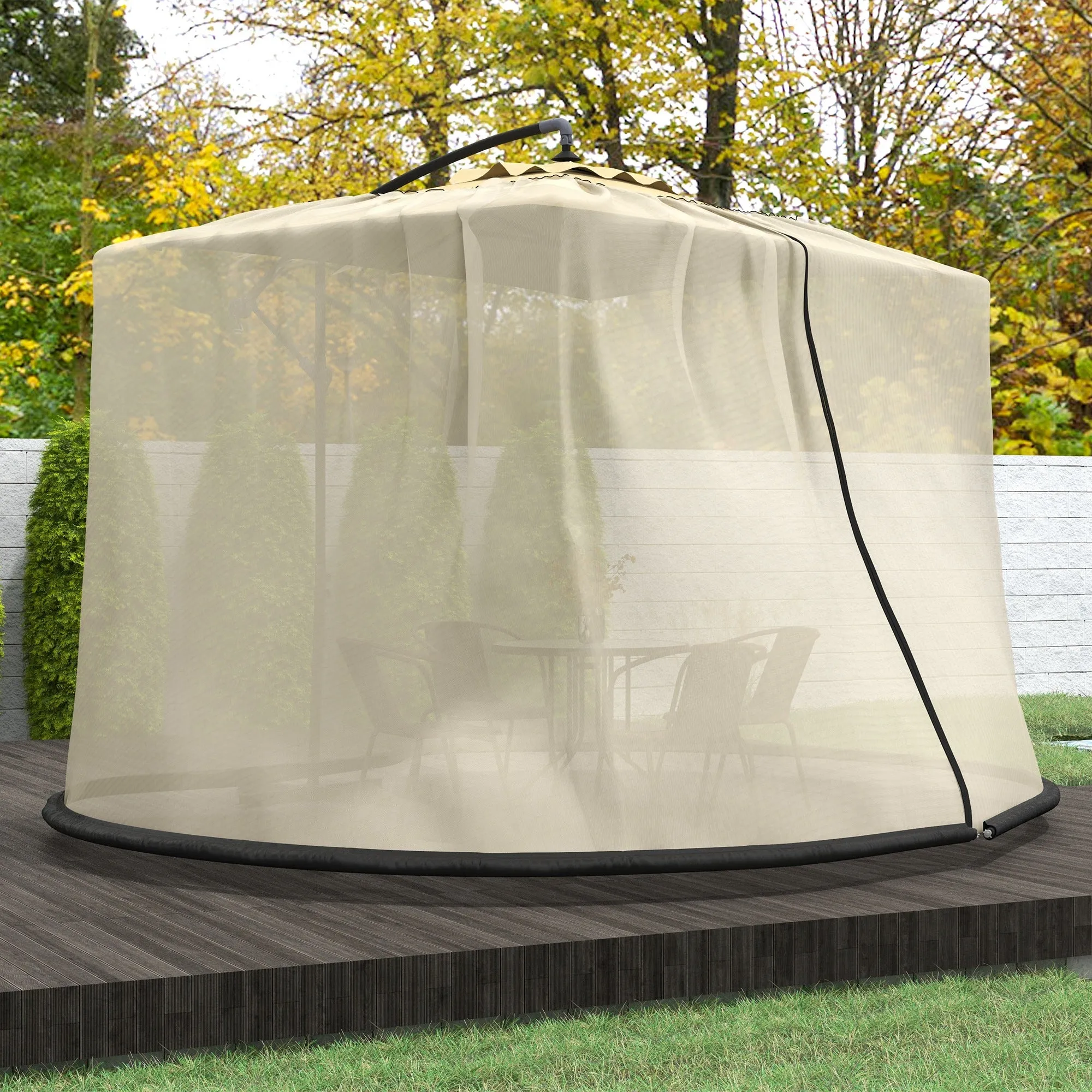 Mosquito Net for Umbrella 3x2.3 m Adjustable Dense Mesh with Zipper Opening, Beige - Image 2