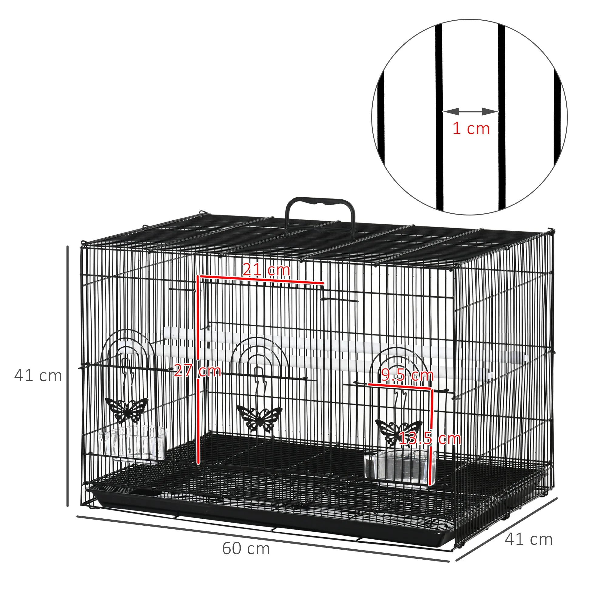 Bird Cage with 2 Perches and 3 Entrances in Metal Wire and Plastic, 60x41x41 cm, Black - Image 3