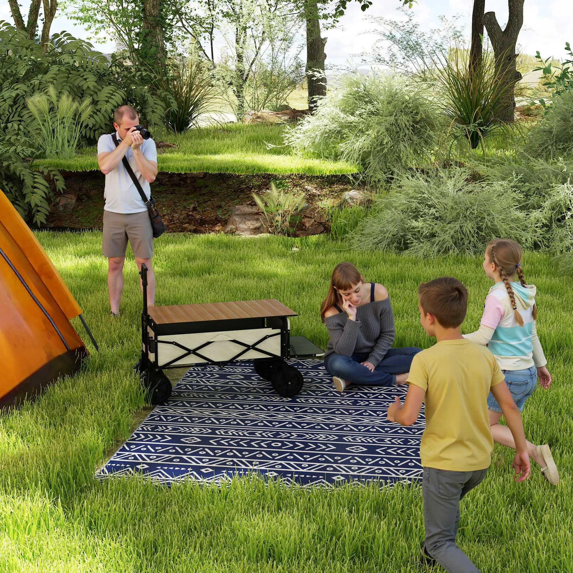 Reversible Geometric Style Outdoor Rug with Carry Bag, 182x274 cm, Blue and White - Image 2