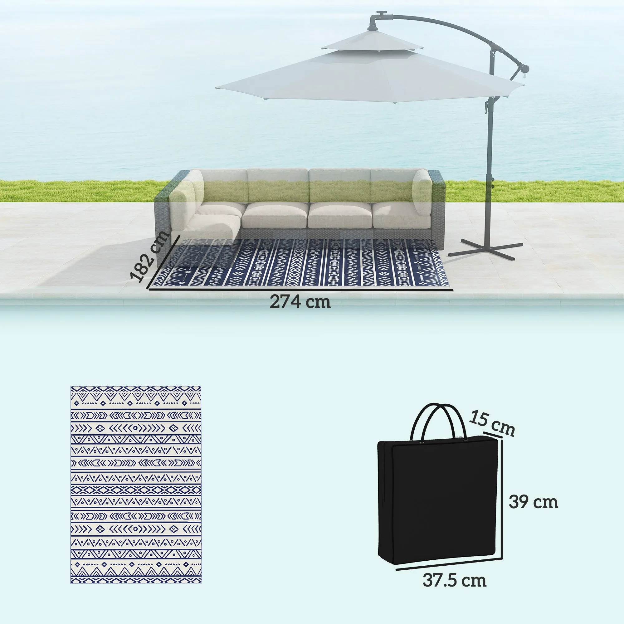 Reversible Geometric Style Outdoor Rug with Carry Bag, 182x274 cm, Blue and White - Image 3