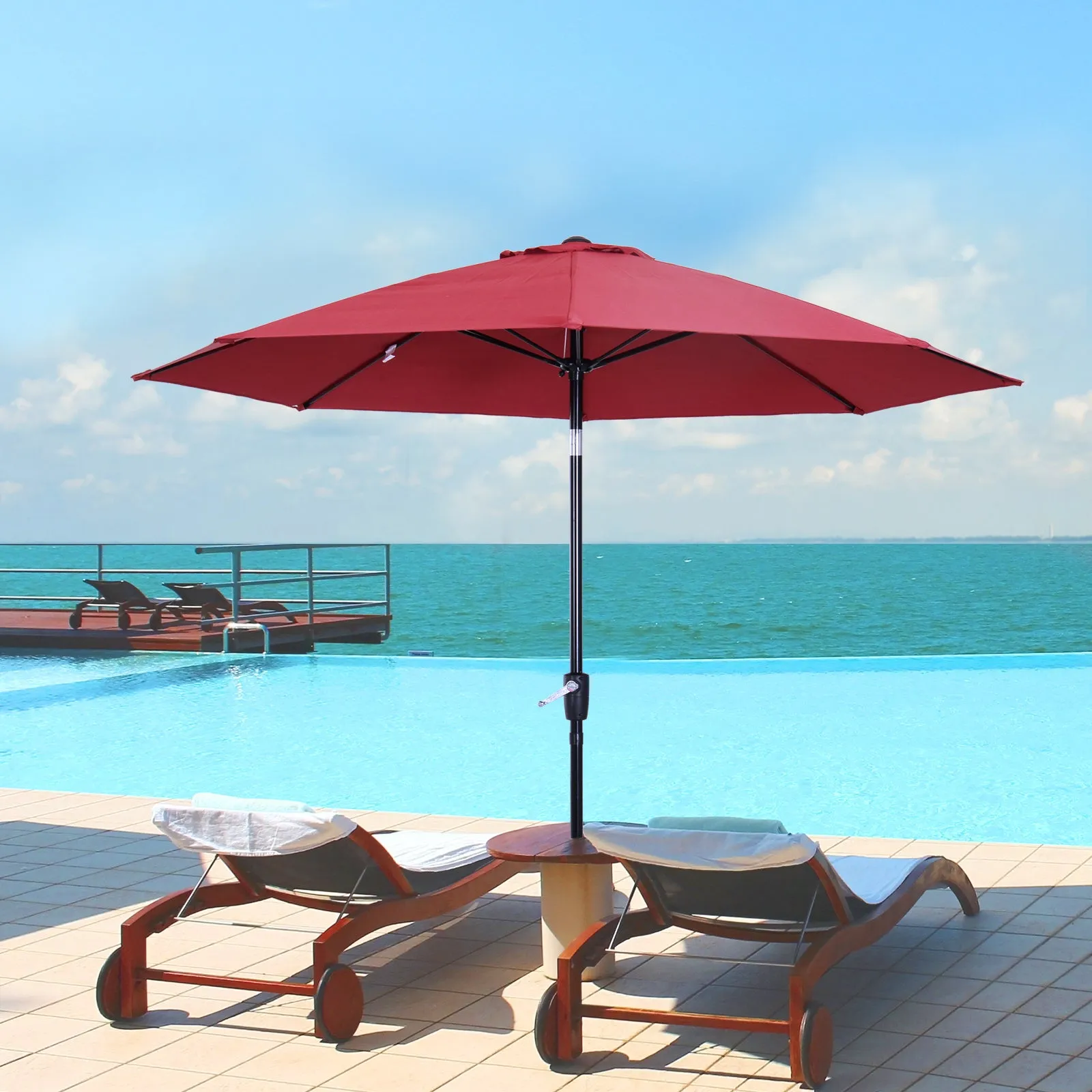 Round and Adjustable Umbrella with Crank, in Polyester, Metal and Fiberglass, Ø265x240 cm, Red and Black - Image 2