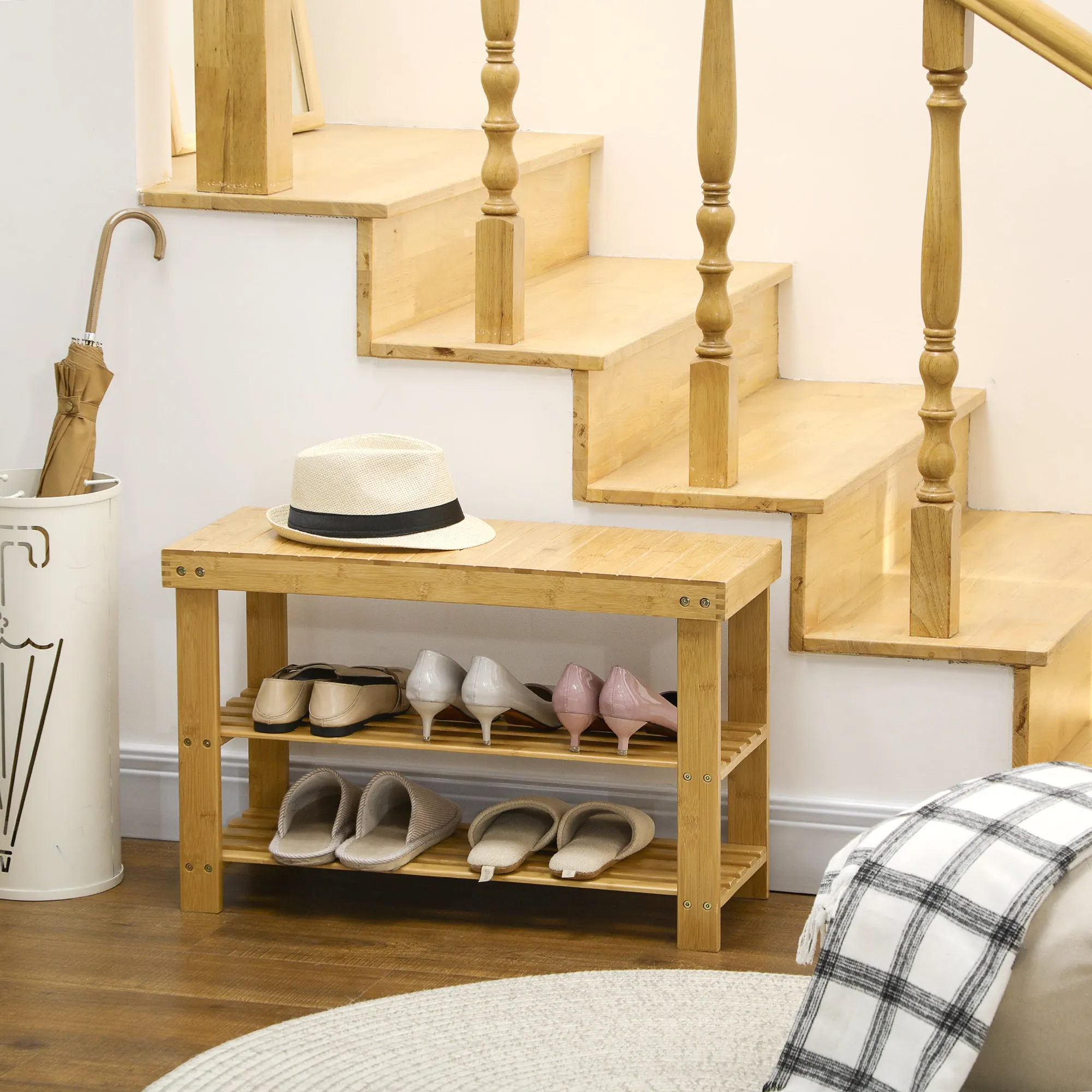 Low Bamboo Shoe Rack Bench with 2 Slatted Shelves and Seat, 70x28x45 cm, Natural - Image 2
