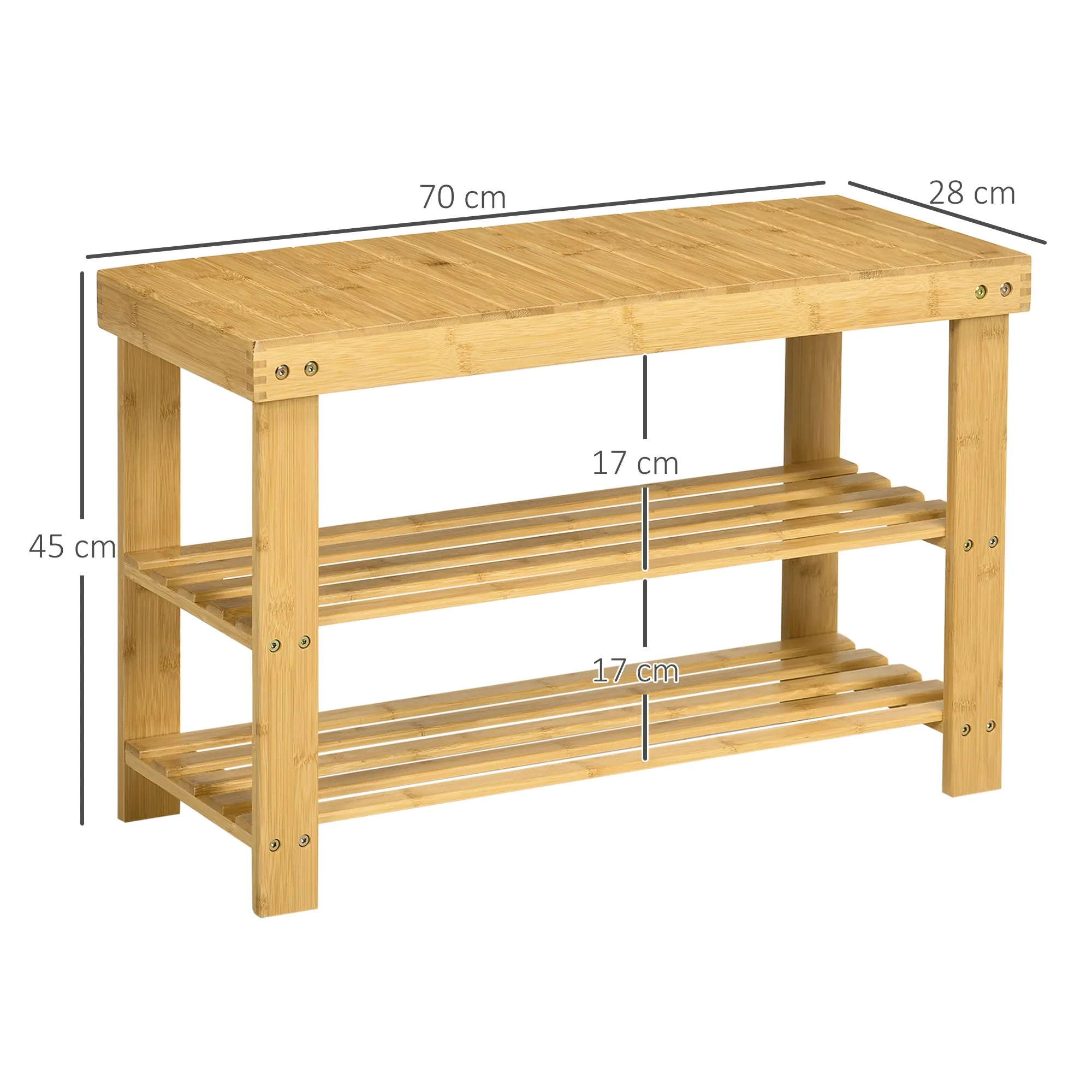 Low Bamboo Shoe Rack Bench with 2 Slatted Shelves and Seat, 70x28x45 cm, Natural - Image 3